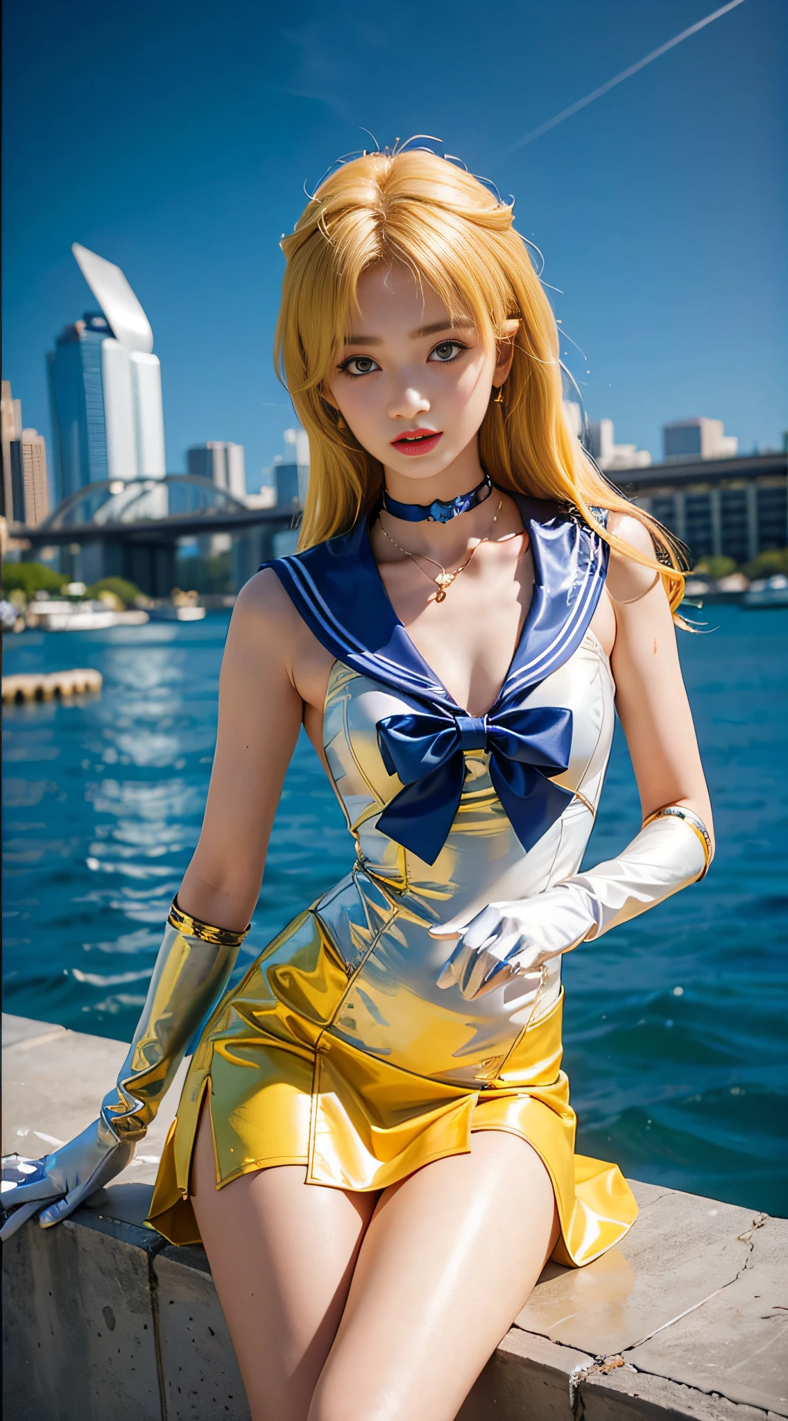 ((masterpiece:1.4)、(top-quality:1.4)、(reallistic:1.7))、masuter piece:1.4、a beauty girl、(Sailor Moon:1.4)、Tsukino Usagi、Body Fit Sexy Sailor Senshi Uniform、(latex shiny)、(The jacket is a white sleeveless sailor suit)、(Skirt is blue sexy ultra ultra mini skirt)、The collar of the sailor suit is blue with two thin lines.、high leg swimsuit、Red cloth ornament at chest、(Wearing white gloves)、Kawaii Girl、Super beauty、foco nítido、Portrait photos、Upper body photography:1.4、beautiful countenance、beautidful eyes、Narrow waist、(Yellow hair:1.4)、(length hair:1.2)、Raw photo、red-lips、Red high heels:1.4、a choker:1.4、a necklace:1.4、耳Nipple Ring:1.4、Luxurious golden tiara on forehead:1.4、1 screen display、Outdoor landscape