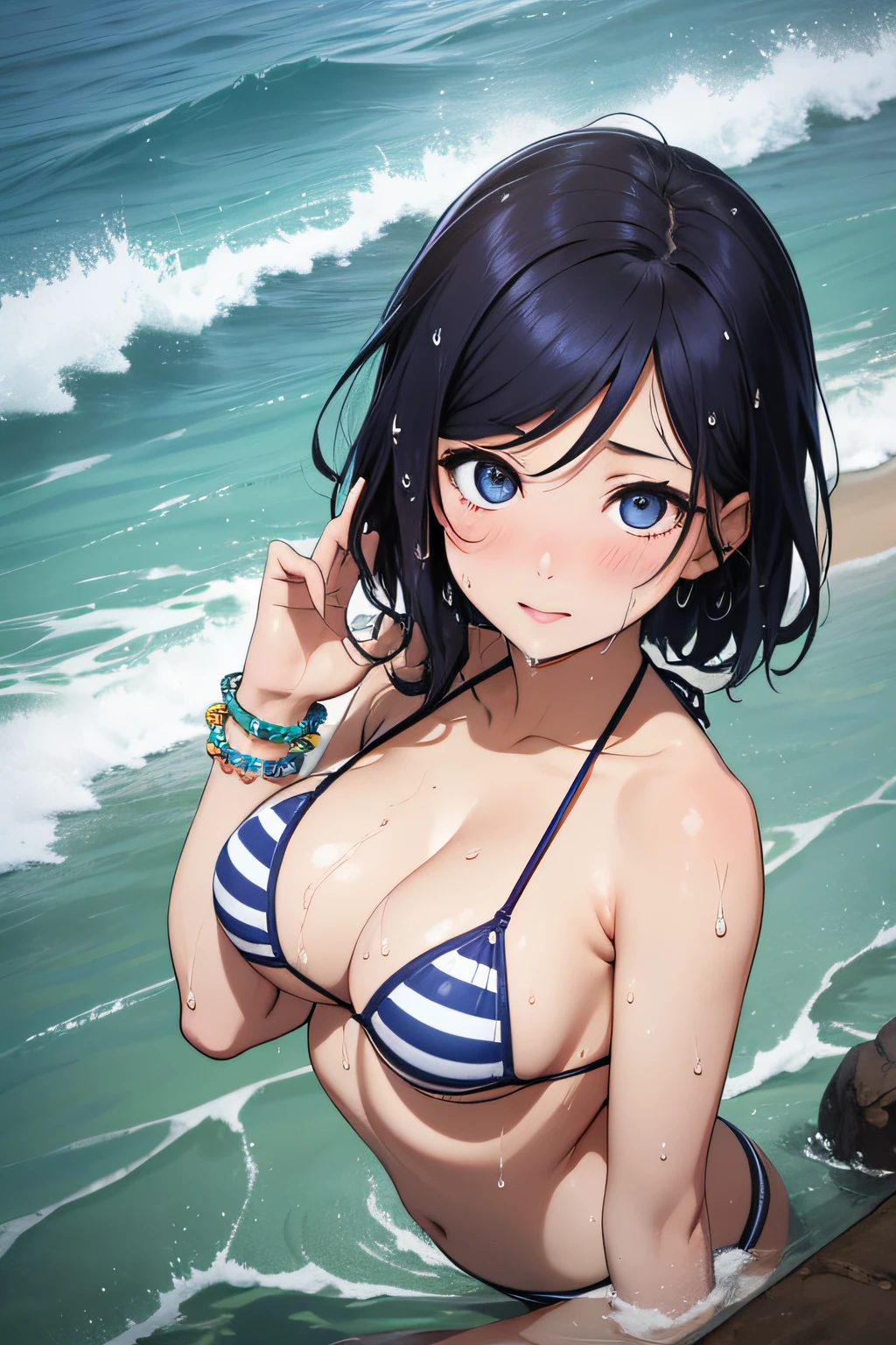looking at viewer, detailed eyes,matsuura kanan, sexy micro bikini, striped bikini, bracelet, sexy,(wet), curvy body, from above, Blush,ass, pulling bikini,ass