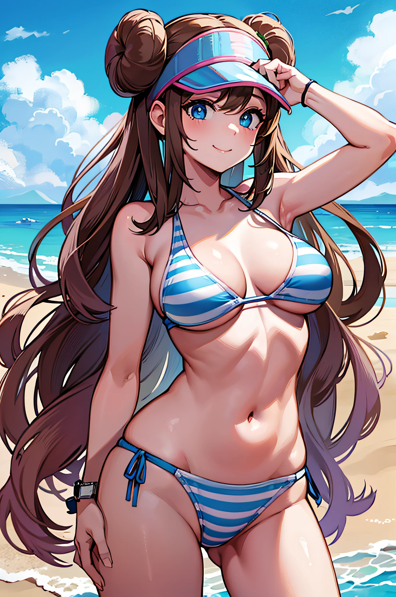 ​masterpiece, top-quality, hight resolution, RO1, Hair buns, blue eyess, Twin-tailed, Visor Cap, Pink striped bikini, wrist watch, middlebreasts, is standing, cowboy  shot, the beach, A smile, Holding a large towel with both hands