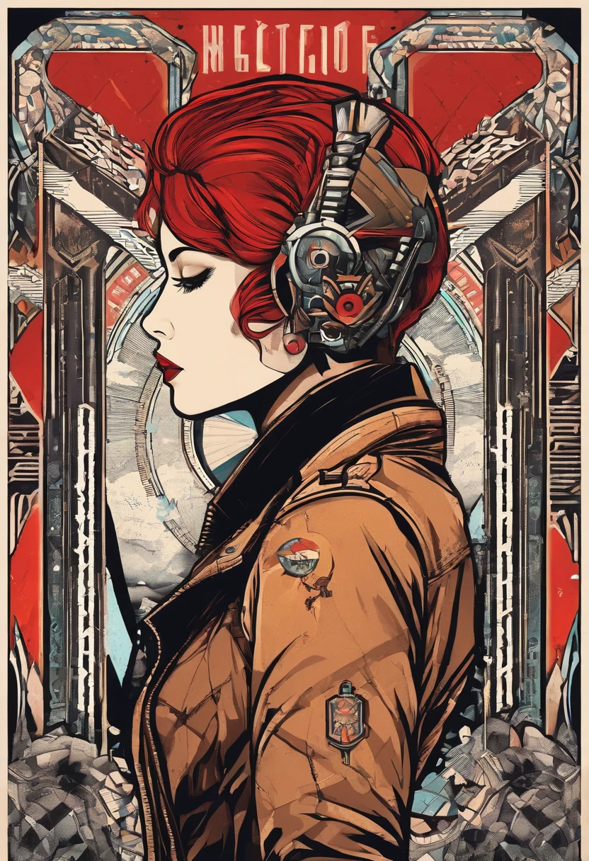 wasteland outlaw, red hair, black leather jacket, patches, retrofuturism, fallout, 50s