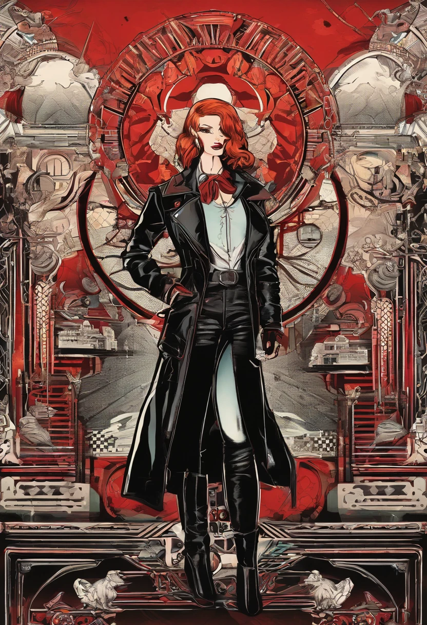 wasteland outlaw, red hair, black leather jacket, patches, retrofuturism, fallout, 50s