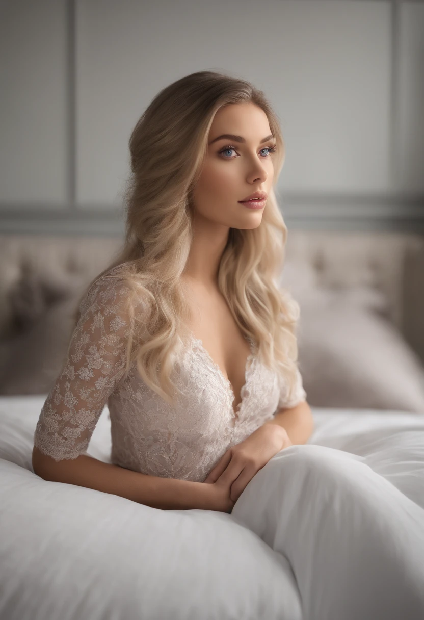 arafed woman fully , sexy girl with blue eyes, ultra realistic, meticulously detailed, portrait sophie mudd, blonde hair and large eyes, selfie of a young woman, bedroom eyes, violet myers, without makeup, natural makeup, looking directly at the camera, face with artgram, subtle makeup, stunning full body shot kneeling on bed, in bedroom, medium to large size bust, wearing