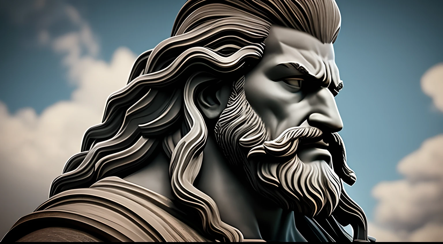 a stoic statue, imagem com fundo preto, Gray statue with long hair and beard, cabelo liso e barba, face, Profile picture with angry expression, raiva ultra realista, Maximum resolution 4K
