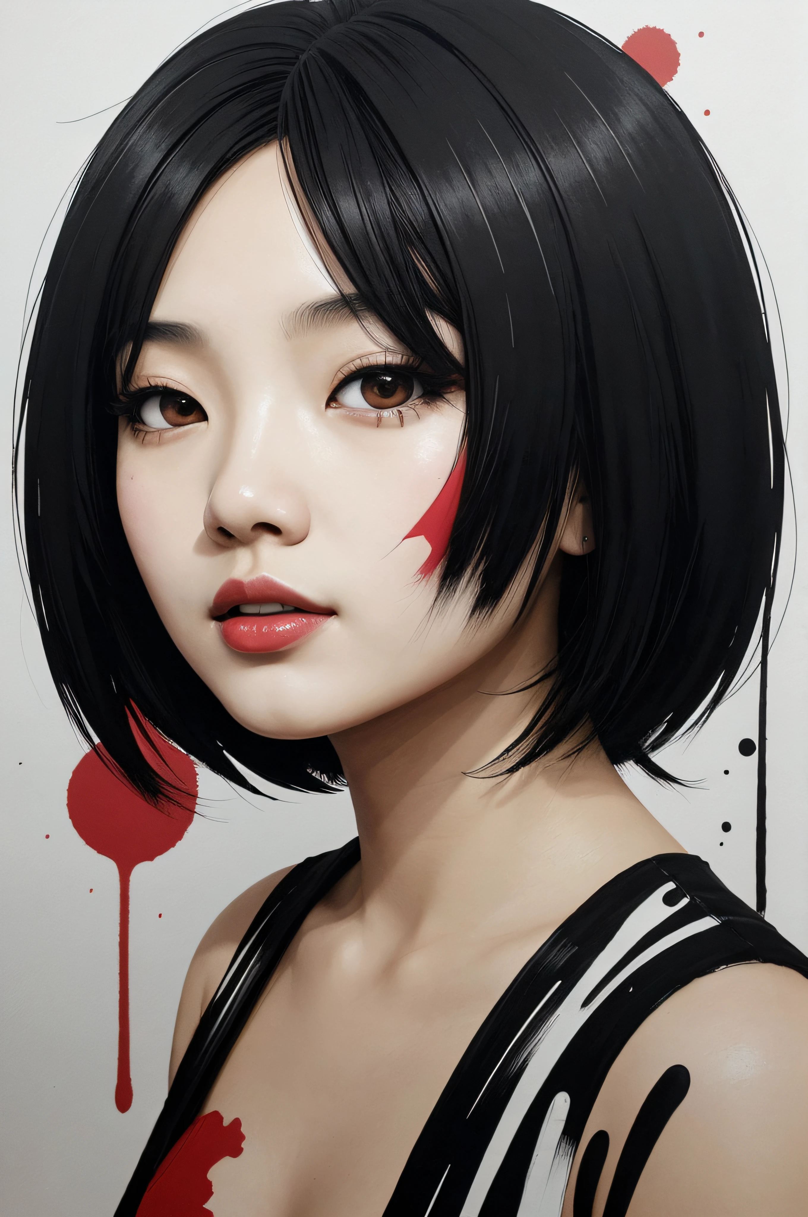 2 tone, black and white, simplified shapes, figurative, acrylic painting, watercolor, oil painting, brush strokes, dark red color pop, a gorgeous young asian girl, highly detailed , ultra detailed, very intricate, low poly, abstract surreal, Kanji , Katakana , niji style, graffiti style, comics style, anime style