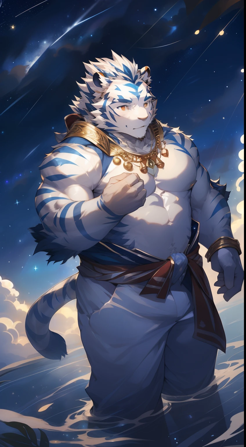(by null-ghost, by thebigslick, By Darkgem, by Honovy), Kogenta (Onmyoji Oyamaji Temple), high-definition photograph, Perfect anatomy, Anthropomorphic white tiger, male people, 20yr old, Deities, Thick eyebrows, Light blue stripes, Strong body, large pecs, Pink milk clusters, medium bulge, He levitated in the starry sky, Wear white baggy trousers, A flowing blue ribbon, Divine brilliance, one arm raised, Summon clouds，(Starry sky at night:1.5), Mysterious Expression, Be red in the face, Golden pupils, looking at the stars, Gold ornaments, fog atmosphere, Clouds, upper sky, Clear facial features, Strong, Solo, from above