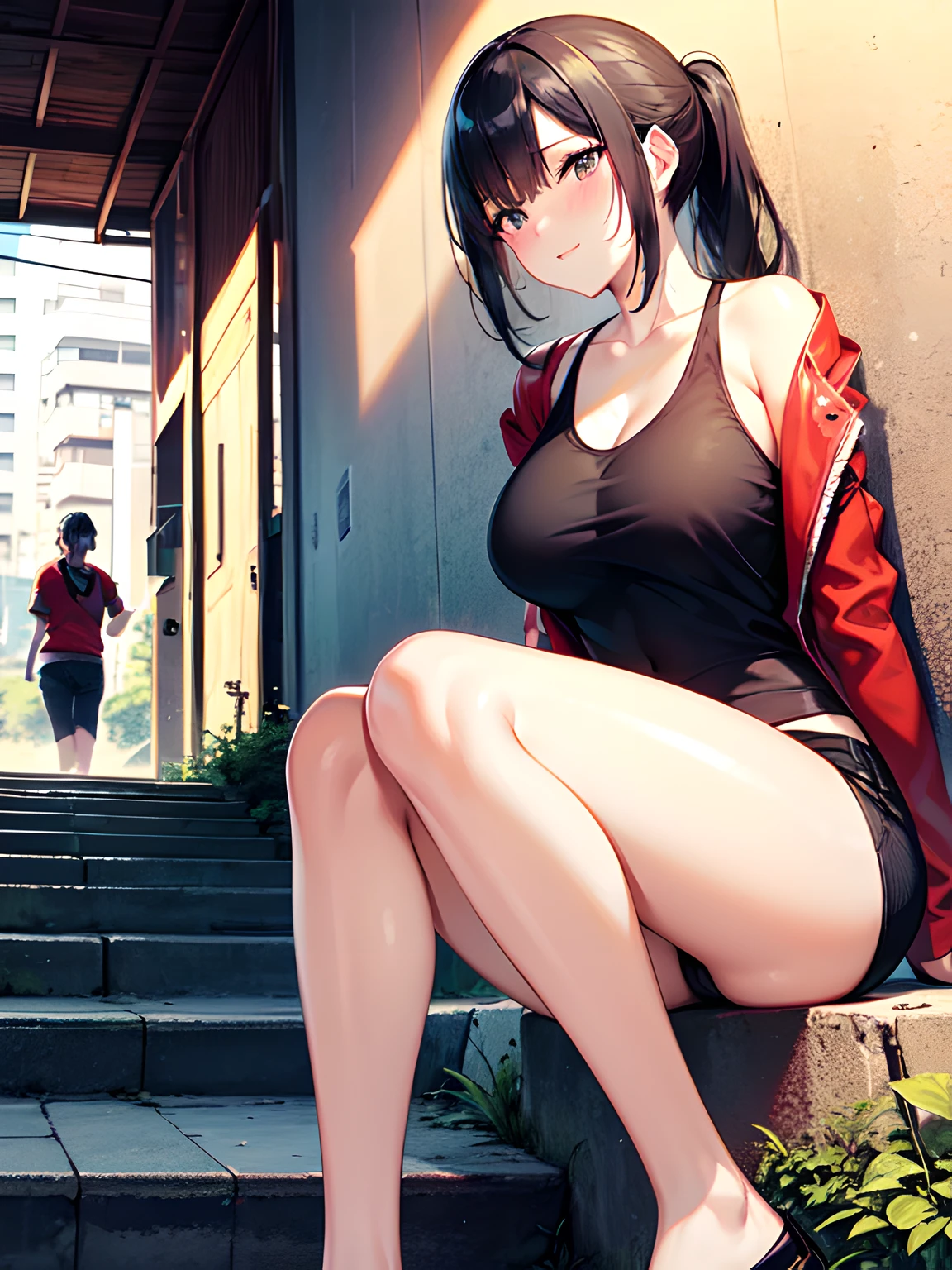 (Best Quality, High quality, masuterpiece:1.2), (illustration:1.3), beautiful detailed face and eyes, Elegant, (Cute:1.2), Woman coming to the meeting point, Mature Woman, 35 year old, Cute, Large breasts, (Slender and sporty body:1.1), Ponytail, Blushing, (nervous:1.1), (Red jacket:1.2), (Black Tank Top Inner:1.1), Bare navel, (Hot Pants:1.1), Black hair, Black eyes, Perspective, Blushing face, (Tokyo Ruins;1.1), Full body, Cowboy Shot, morning, Natural lightt