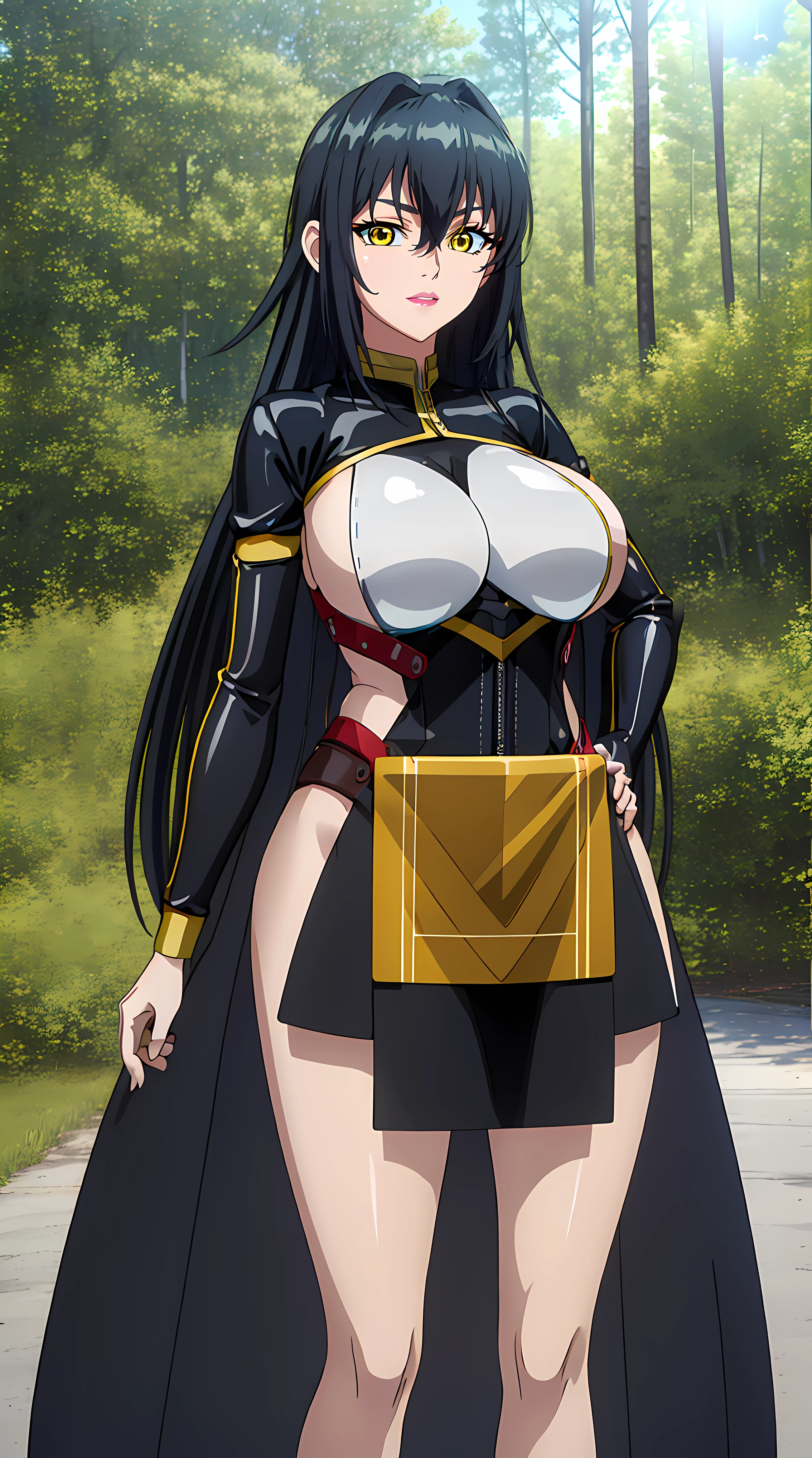 walking in forest at day background, trees, forest, (((beautiful smile:1.5))), (solo:1.5),
Annerose, beautiful posing,
bodysuit latex, sideboobs, black outfit, front view,
 black_hair,yellow_eyes, long_hair, hair intakes,
1 girl, 35 years old,mature female,Beautiful Finger,Beautiful long legs,Beautiful body,Beautiful Nose,Beautiful character design, perfect eyes, perfect face,
looking at viewer, standing at attention,  (big_yellow_eyes:1.0),
NSFW,official art,extremely detailed CG 8k wallpaper, perfect lighting,Colorful, Bright_Front_face_Lighting,
(masterpiece:1.0),(best_quality:1.0), ultra high res,4K,ultra-detailed,
photography, 8K, HDR, highres, absurdres:1.2, Kodak portra 400, film grain, blurry background, bokeh:1.2, lens flare, (vibrant_color:1.2)
(Beautiful,large_Breasts:1.4), (beautiful_face:1.5),(narrow_waist),