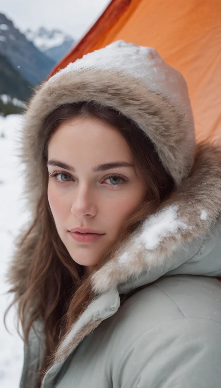 25 year old woman on an icy mountain full of snow near a tent, her face is almost freezing and snow is on her glass, she looks very cold, ultra realistic photo, she is looking at the camera.