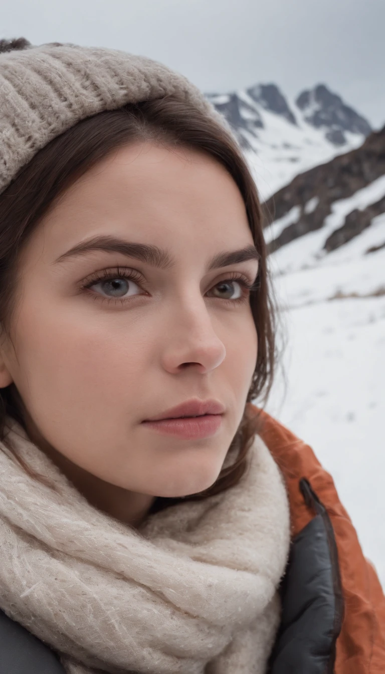 25 year old woman on an icy mountain full of snow near a tent, her face is almost freezing and snow is on her glass, she looks very cold, ultra realistic photo, she is looking at the camera.