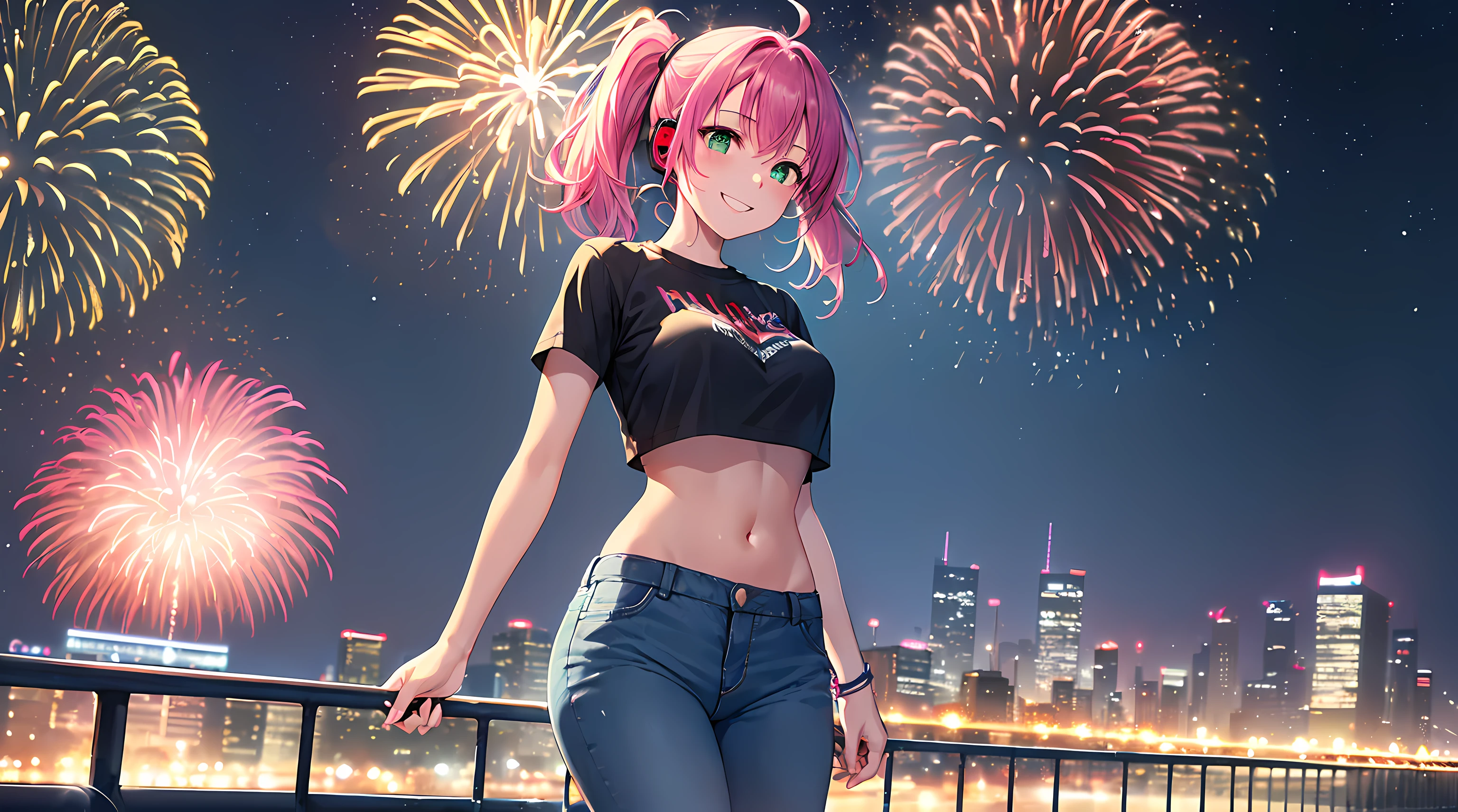 masterpiece, 1girl ((20year old, Black crop top shirt exposes navel, tight blue jeans, sneakers, medium breasts, multicolor pink hair, twin ponytails, perfect model body, green eyes, flirting, happy, big smile, looking toward camera, headphones, walking in a street at night, neon lights and towering skyscrapers, Modern and energetic atmosphere) ((nighttime)) ((fireworks in the sky)) ((solo))