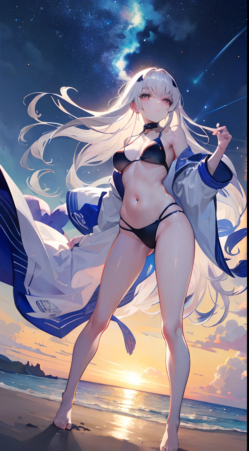 (best quality,4k,top quality,masterpiece:1.2),anime girl,1 girl,silver hair,wet bikini,detailed eyes,super detailed,beach background,night sky,galaxy sky,shimmering waves,soft sand,tropical palm trees,moonlit silhouette,ethereal atmosphere,serene ambiance,colorful nebulae,celestial beauty,luminous stars,reflection on water,lens flare,vibrant hues,subtle lighting,dreamlike scenario,graceful pose,mesmerizing presence,endless horizon,calm and tranquil,seaside serenity,deep focus,meticulously crafted details,realistic rendering,painting-like textures,impressive artistic style,rich color palette,artistic brilliance