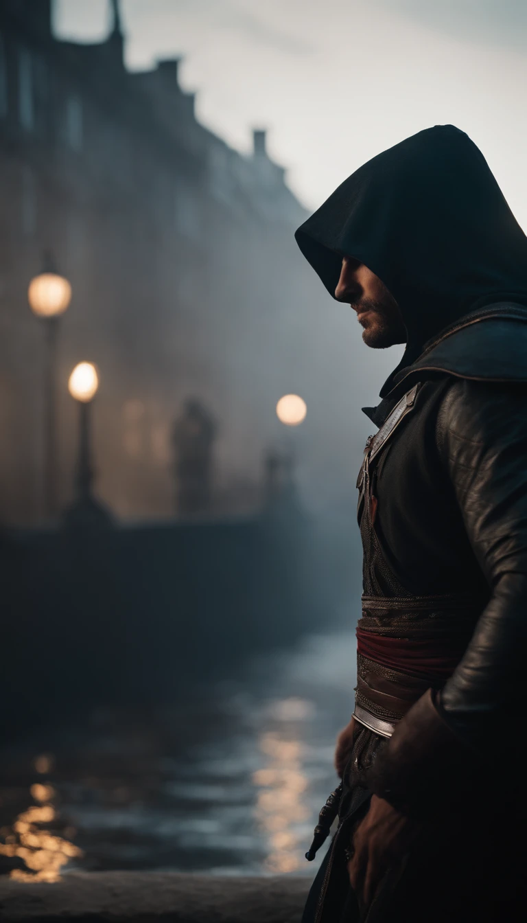 Le jeune homme au capot, Tension au-dessus des yeux,Long wavy hair under the hood, Diffuse light,Fog in the background,Le style du jeu Assassin Creed, chemise noir,