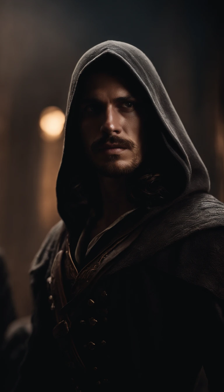 Le jeune homme au capot, Tension au-dessus des yeux,Long wavy hair under the hood, Diffuse light,Fog in the background,Le style du jeu Assassin Creed, chemise noir,