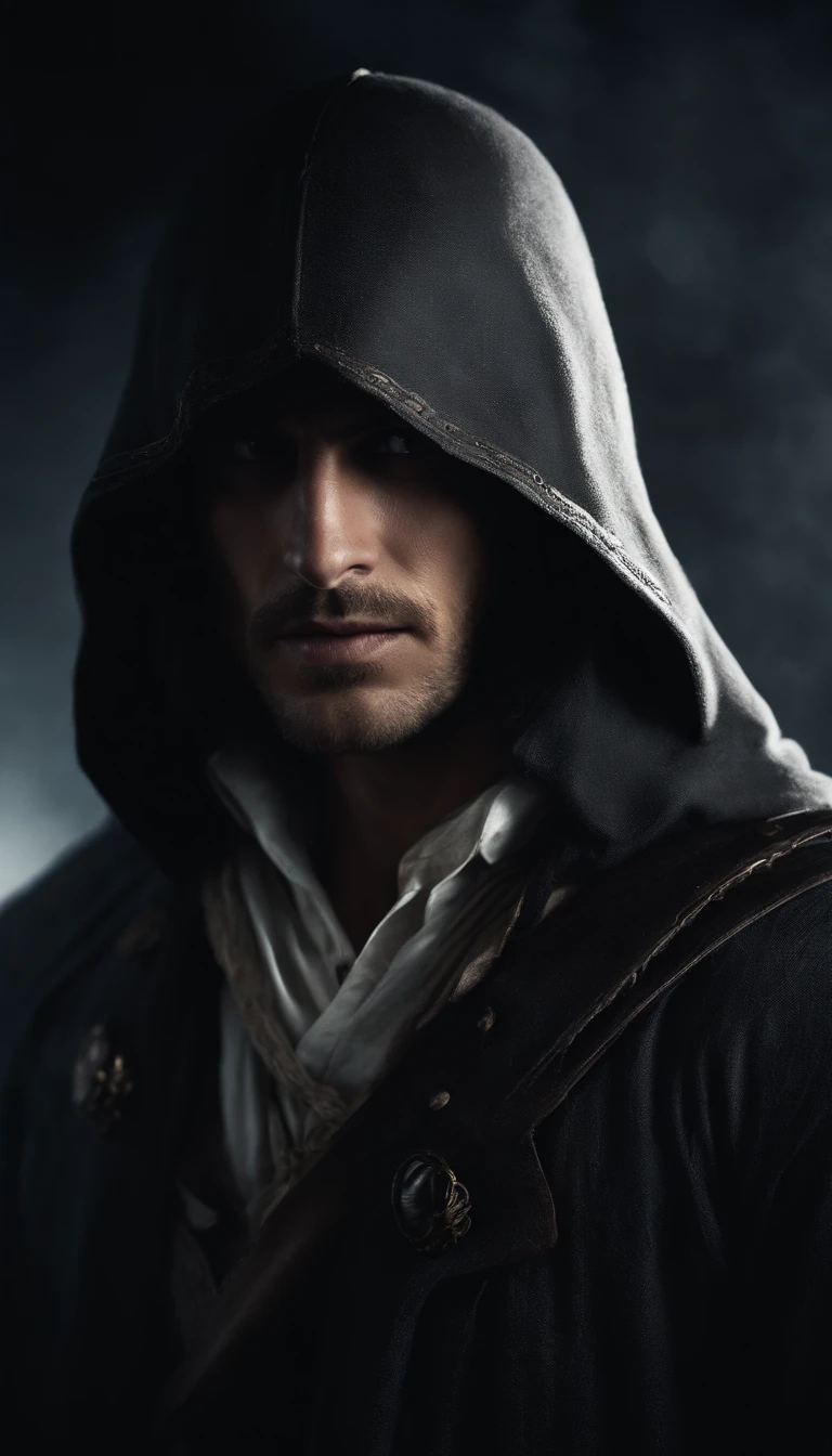 Le jeune homme au capot, Tension au-dessus des yeux,Long wavy hair under the hood, Diffuse light,Fog in the background,Le style du jeu Assassin Creed, chemise noir,