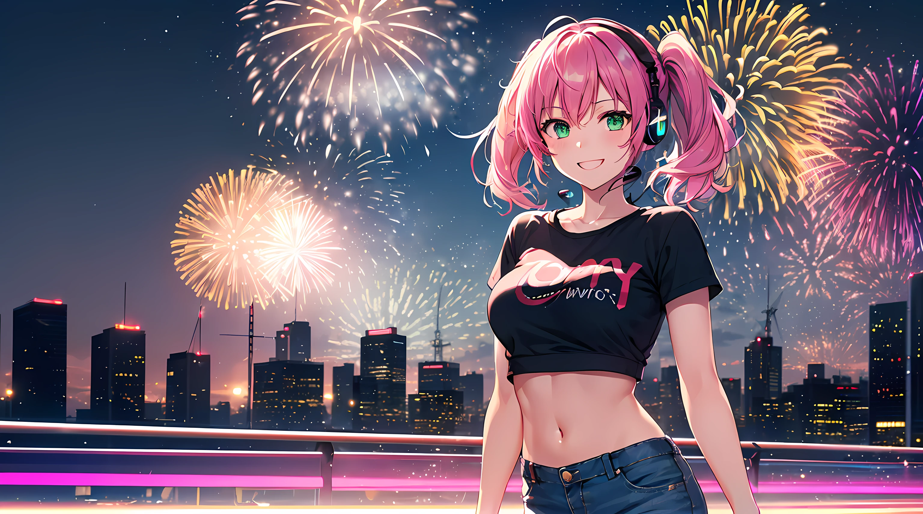 ​masterpiece, 1girl ((20year old, Black crop top shirt exposes navel, tight blue jeans, sneakers, medium breasts, multicolor pink hair, twin ponytails, perfect model body, green eyes, flirting, happy, big smile, looking toward camera, headphones, walking in a street at night, neon lights and towering skyscrapers, Modern and energetic atmosphere) ((nighttime)) ((fireworks in the sky)) ((solo))