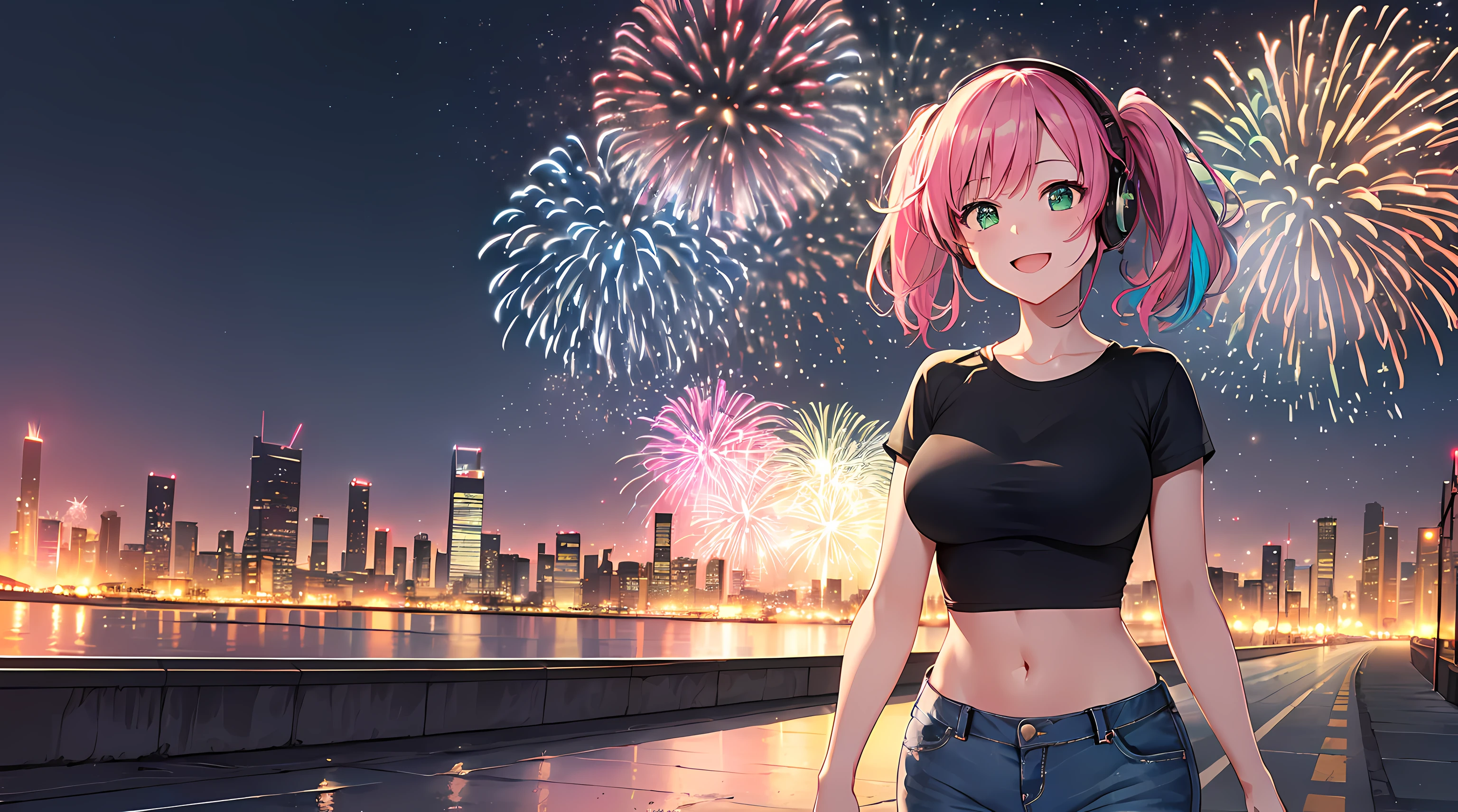 masterpiece, 1girl ((20year old, Black crop top shirt exposes navel, tight blue jeans, sneakers, medium breasts, multicolor pink hair, twin ponytails, perfect model body, green eyes, flirting, happy, big smile, looking toward camera, headphones, walking in a street at night, neon lights and towering skyscrapers, Modern and energetic atmosphere) ((nighttime)) ((fireworks in the sky)) ((solo))