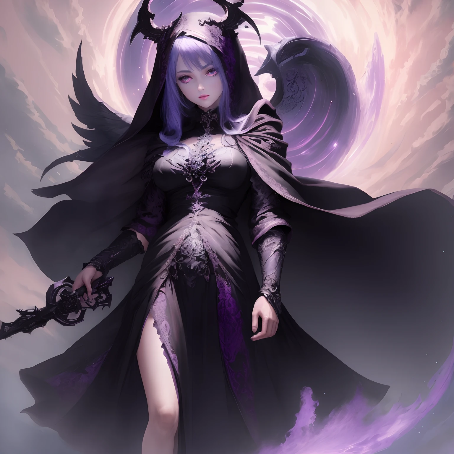 heinous summoner, order and chaos ornament grunge robe, abyss wand, sharp looking, dynamic pose, ground magic circle with true devil, through the darkness, fused blowing wild and speed line, madness and corruption and violence atmosphere, glimmer, bioluminescent, intricate detailed of detail, super fine, extremely soft and delicate, lots glitter drawing background, palette knife drawing,
