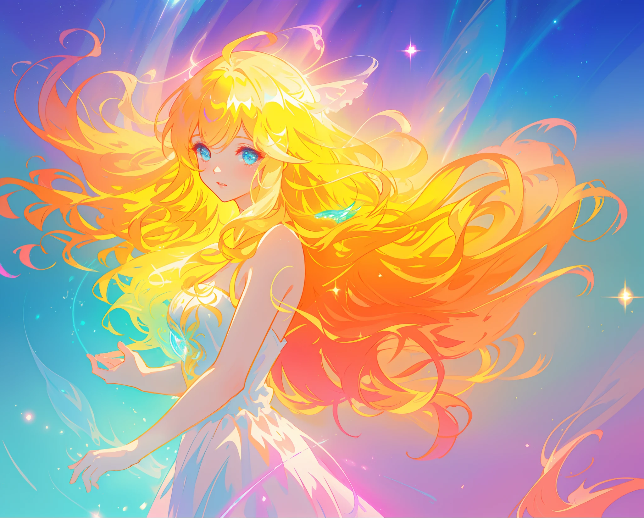 beautiful girl in white layered ballgown, vibrant pastel colors, (colorful), magical lights, golden long wavy hair, sparkling lines of light, inspired by Glen Keane, inspired by Lois van Baarle, disney art style, by Lois van Baarle, glowing aura around her, by Glen Keane, jen bartel, glowing lights! digital painting, flowing glowing hair, glowing flowing hair, beautiful digital illustration, fantasia background, whimsical, magical, fantasy, beautiful face, ((masterpiece, best quality)), intricate details, highly detailed, sharp focus, 8k resolution, sparkling detailed eyes, liquid watercolor