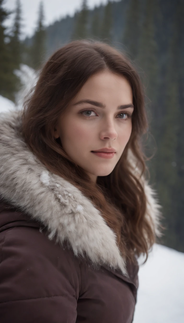 25 year old woman on an icy mountain full of snow near a tent, her face is almost freezing and snow is on her glass she looks very cold, ultra realistic photo, she is looking at the camera, part of her body found front with the camera, looking straight into the camera