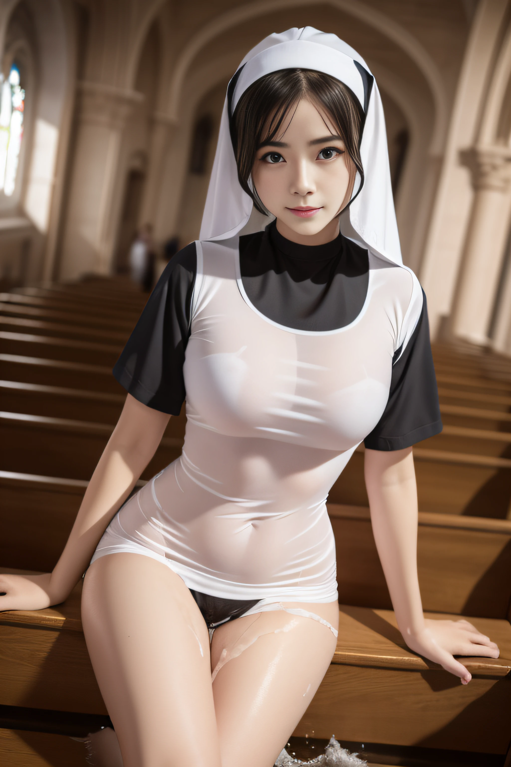(((Nuns in church))),Clothes and skin are soaked all over,(wetclothes:1.9),Reflective skin,Sweaty skin,high high quality、tmasterpiece、Hyper-Resolution、