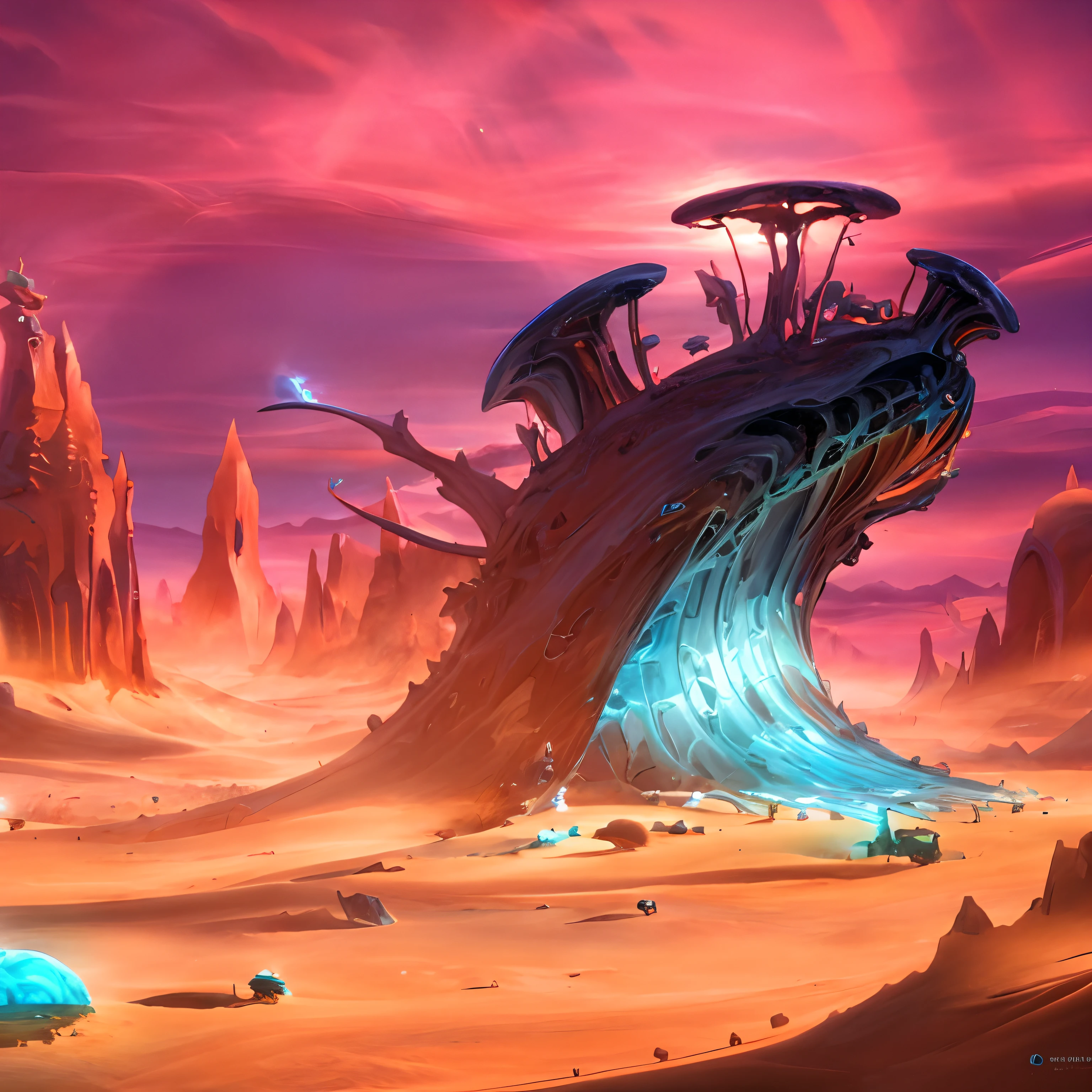 Strange alien desert landscape, surreal conceptual art, hyper-detailed alien landscape, amazing extraterrestrial scenery, bizarre tree in the desert, mind-blowing cosmic concept art, organic matte painting, stunning 3D concept art, otherworldly landscape, sci-fi landscape, detailed eyes and face of a whale with an open mouth, beautiful 3D concept art, fantasy art from Behance, surrealism, Roland Zilvinskis' 3D rendered art, futuristic landscape, Bastien Grivet's environmental concept art, 4K ultra-detailed masterpiece:1.2, ultra-realistic alien environment, vibrant colors, moody lighting, surreal rock formations, intricate details in the tree bark, alien creatures roaming the desert, sand dunes stretching into the horizon, mesmerizing perspective, ethereal atmosphere, cosmic energy pulsating through the scene, mysterious objects scattered around, hauntingly beautiful sky, intense chiaroscuro lighting, surreal color palette.