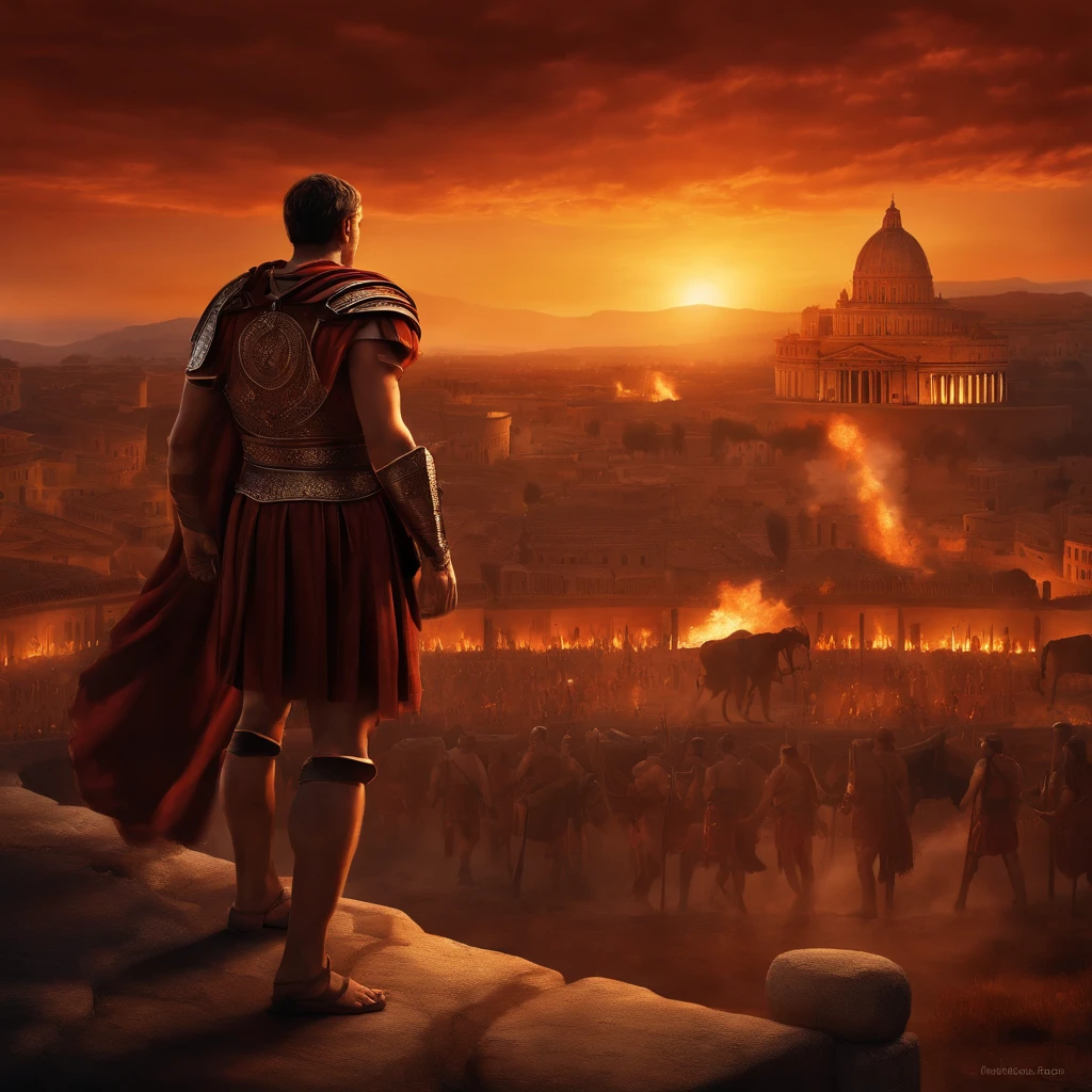 menacing fire engulfing ancient roman city. sunset. historic rome. 1st century. praetorians in distance. guerreiro spartacus, (((coliseum)), Cartoon, gladiator, give it a dark tone,