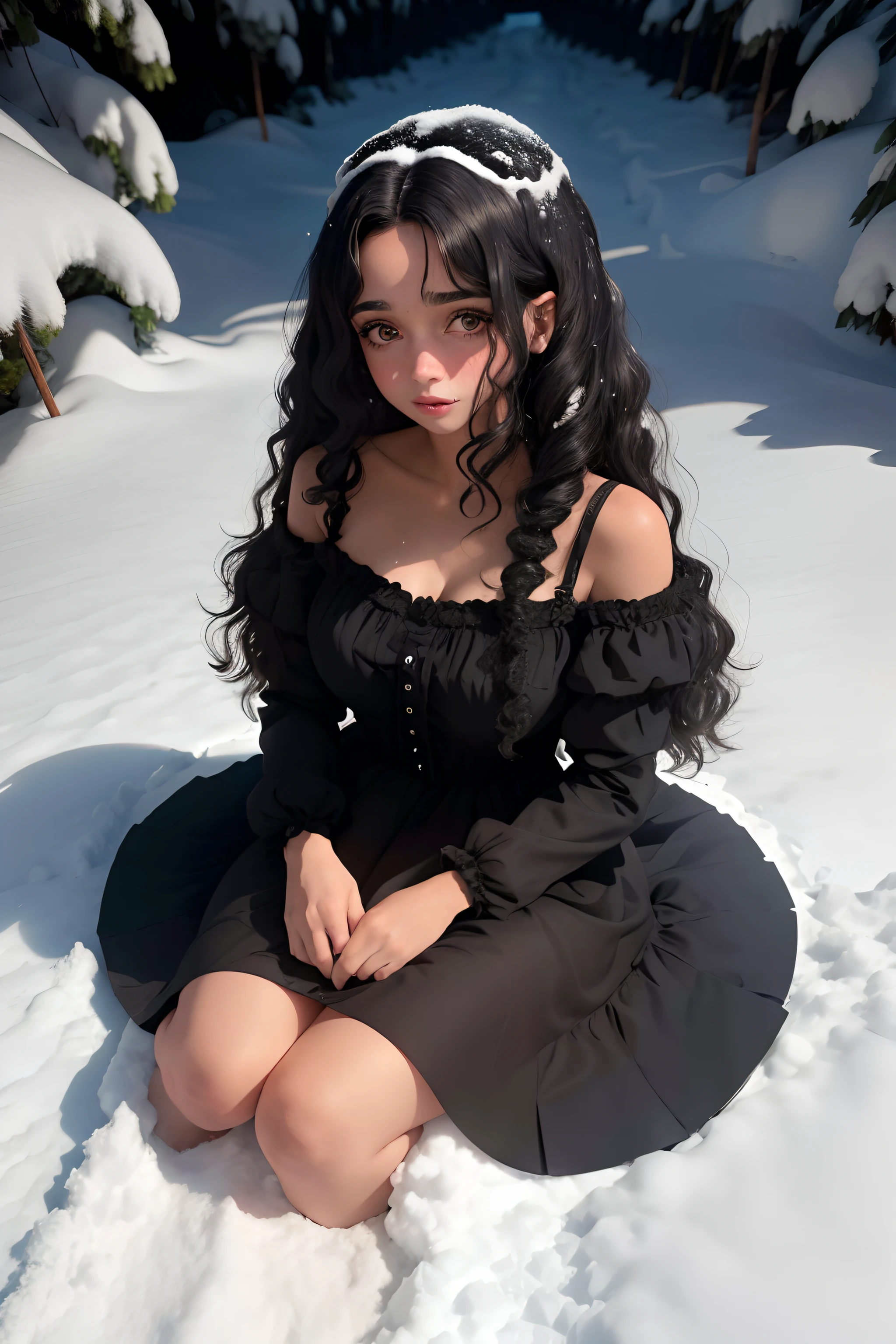 menina 25 anos cabelo preto mechas vermelhas, olhos vermelhos (obra prima) vestido preto de seda com rendas e decote suave e desenho de borboleta no vestido, She's in the dark place of the snow (imagem 8k foto realidade