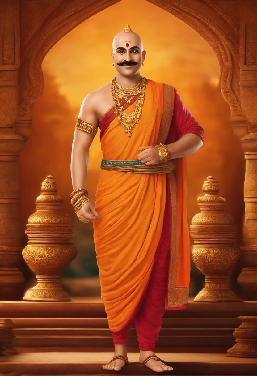 Render Tenali Rama as a charismatic and endearing character with a friendly smile and expressive eyes. BALD TENALI RAMA