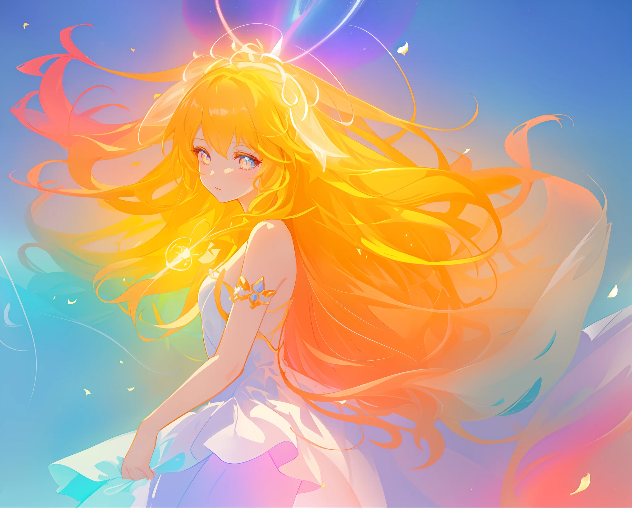 beautiful girl in white layered ballgown, vibrant pastel colors, (colorful), magical lights, golden long wavy hair, sparkling lines of light, inspired by Glen Keane, inspired by Lois van Baarle, disney art style, by Lois van Baarle, glowing aura around her, by Glen Keane, jen bartel, glowing lights! digital painting, flowing glowing hair, glowing flowing hair, beautiful digital illustration, fantasia background, whimsical, magical, fantasy, beautiful face, ((masterpiece, best quality)), intricate details, highly detailed, sharp focus, 8k resolution, sparkling detailed eyes, liquid watercolor