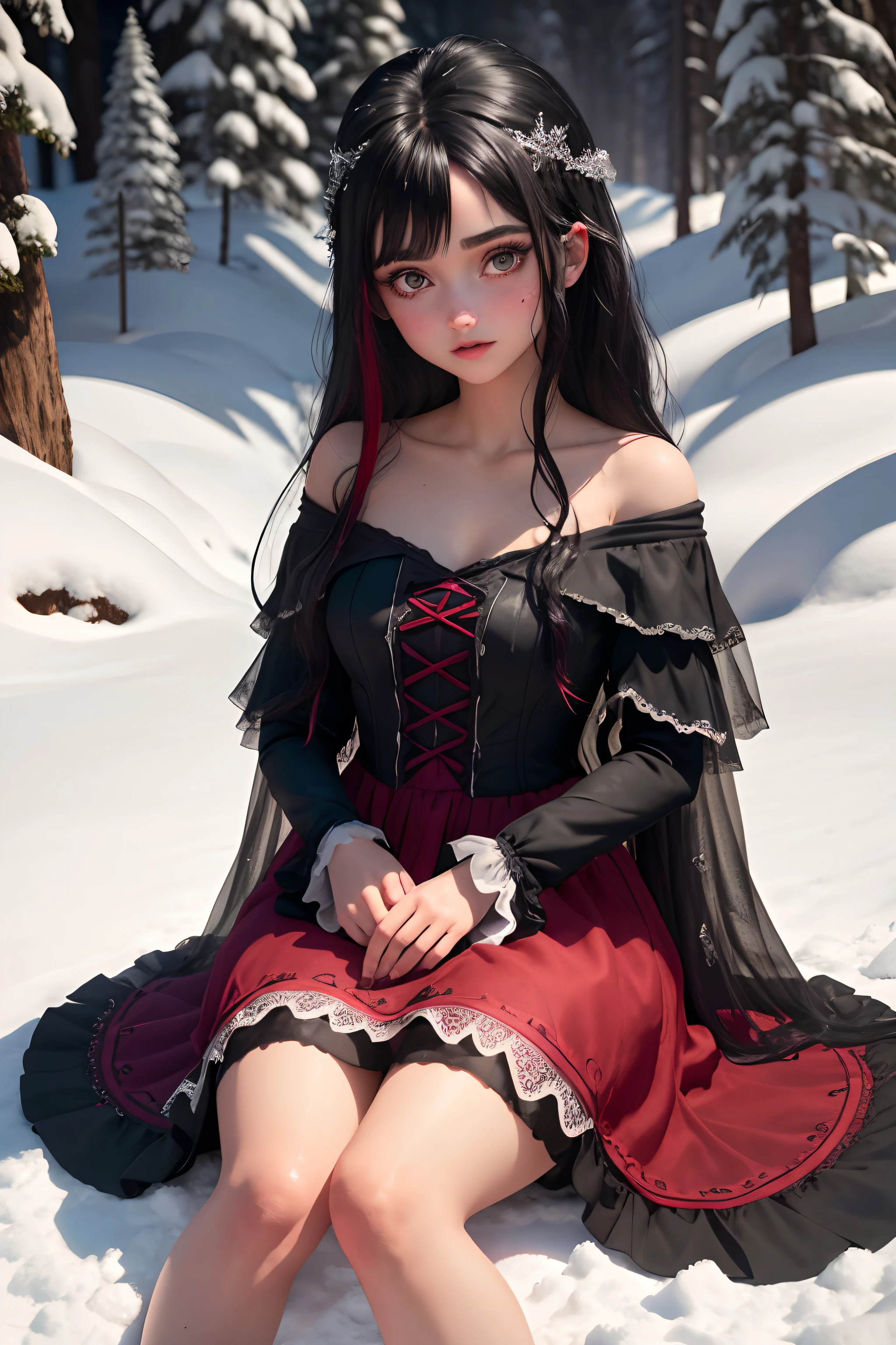 Elza Frozen Dark Version Girl 25 Years Old Black Hair Red Highlights, olhos vermelhos (obra prima) vestido preto de seda com rendas e decote suave e desenho de borboleta no vestido, She's in the dark place of the snow (imagem 8k foto realidade