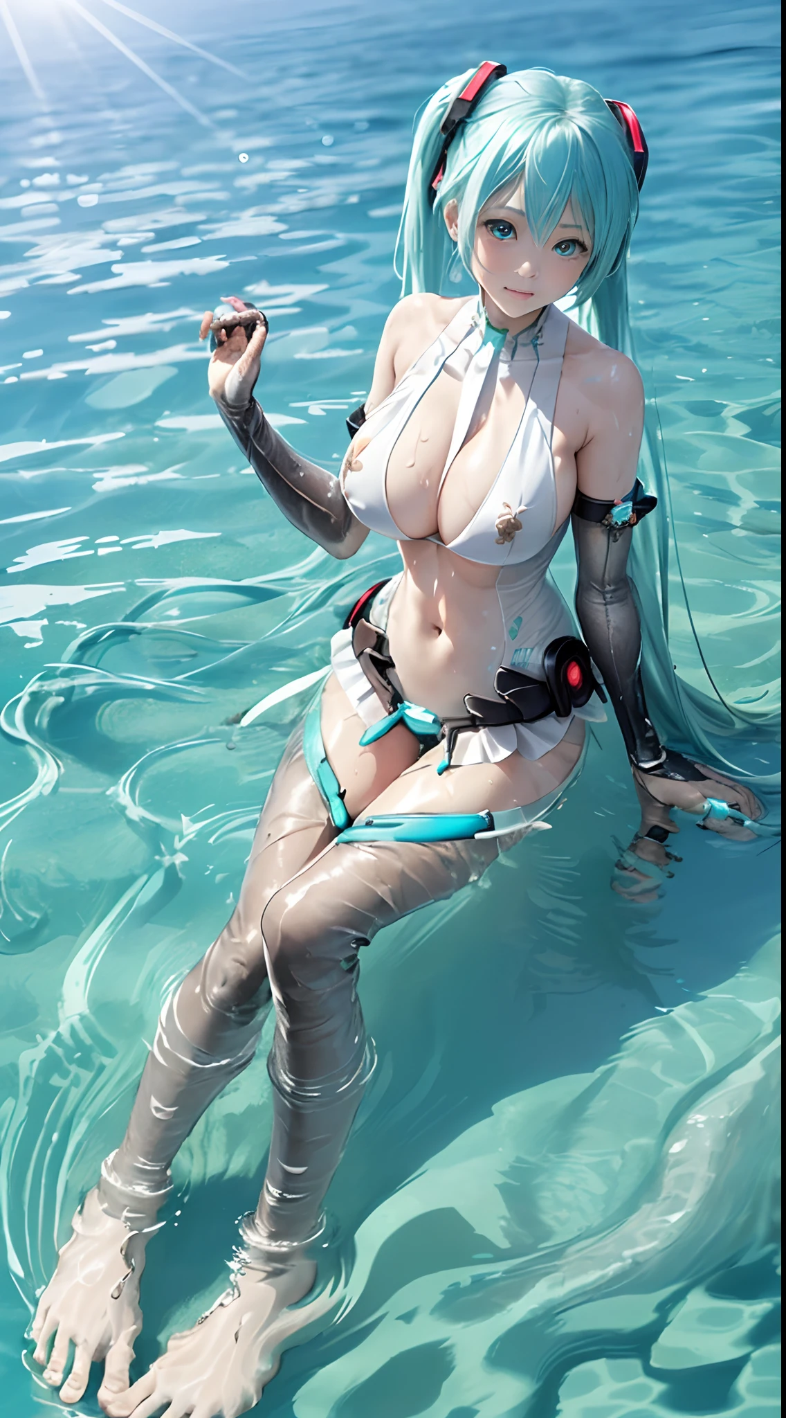 mikuappend,  bridal gauntlets,In the sea, playing with sea water, wet body, full body veiw, playing with veiwers, blue string bikini, big boobs, sea water level under the knee, shiny Sun, Bright sky, pouting