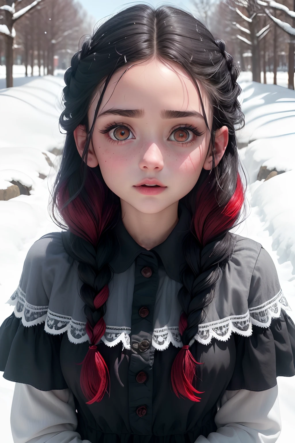 Elza's face frozen dark version girl 25 years old black hair red highlights "plaits", olhos vermelhos (obra prima) vestido preto de seda com rendas e decote suave e desenho de borboleta no vestido, She's in the dark place of the snow (imagem 8k foto realidade