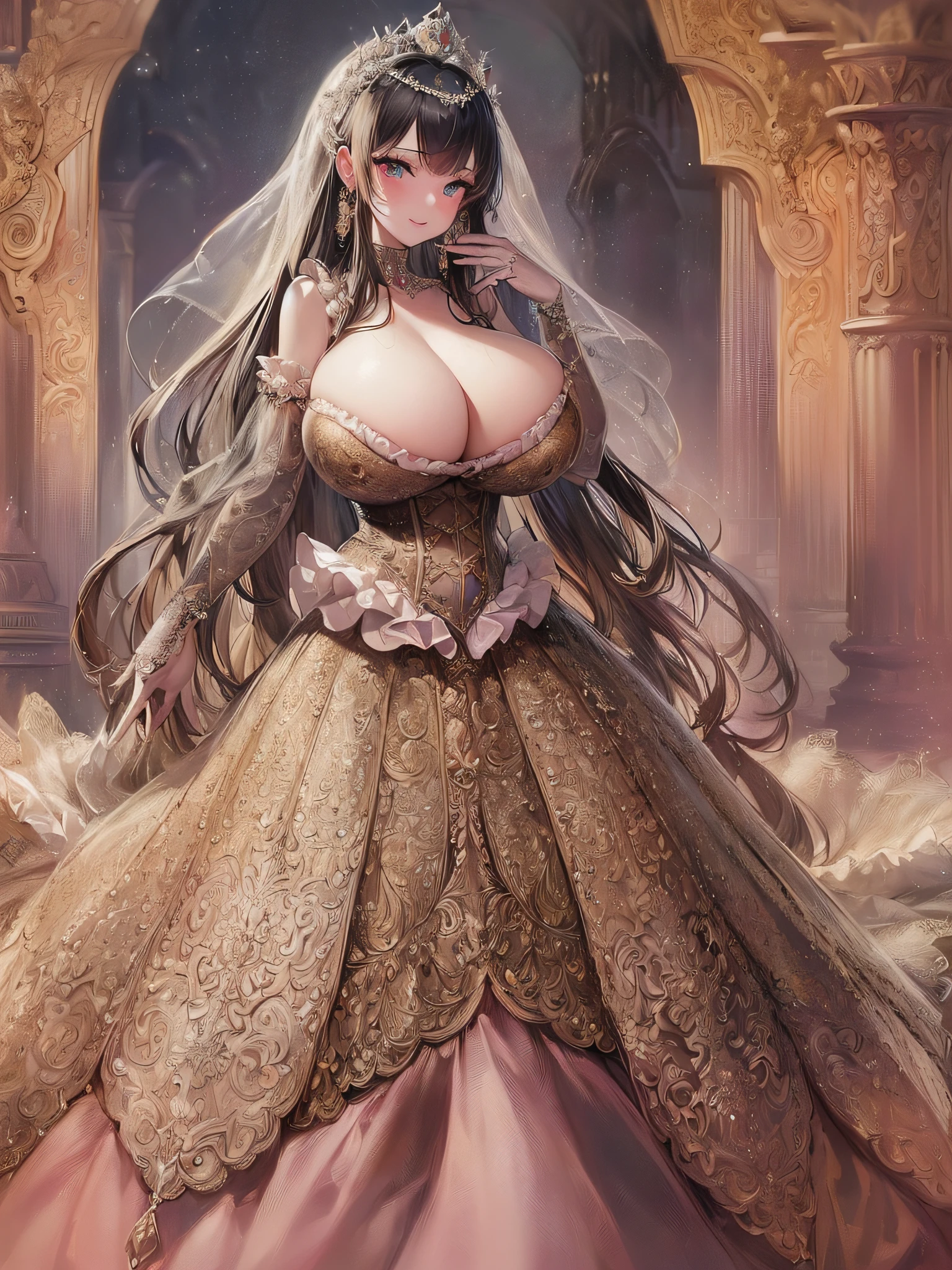 ((anime artstyle)),(Masterpiece),(Best Quality), (Super Detail),(Highly Detailed CG Unity 8k wallpaper),((Very Delicate and Beautiful)),cinematic lighting,1 girl,((full body portrait)),((standing in garden)),((solo)),(((1 fairytale princess in gorgeous embroidery and jeweled extremely gorgeous rococo princess ballgown with voluminous full length hoop skirt))),an hourglass waist,padded and corseted bodice,(((huge crinoline hoopskirt))),long train,((gorgeous embroidery and jeweled)),voluminous frills,See-through,(((extremely gigantic tits,skindentation))),cleavage,((absurdly Long Straight Hair,extremely voluminous Straight long Hair,absurdly Long Straight Hair)),(finely detailed face and eyes),(Blush,Smile),clear pupil,extremely gorgeousfull hair ornament,(bling-bling jeweled extremely gorgeousfull tiara),((bling-bling gorgeous gemstone jewelry)),gorgeous long veil,((ultra long gloves)),(beautiful background),(full body),((gorgeous embroidery and jeweled extremely gorgeous rococo princess ballgown with voluminous full length hoop skirt))