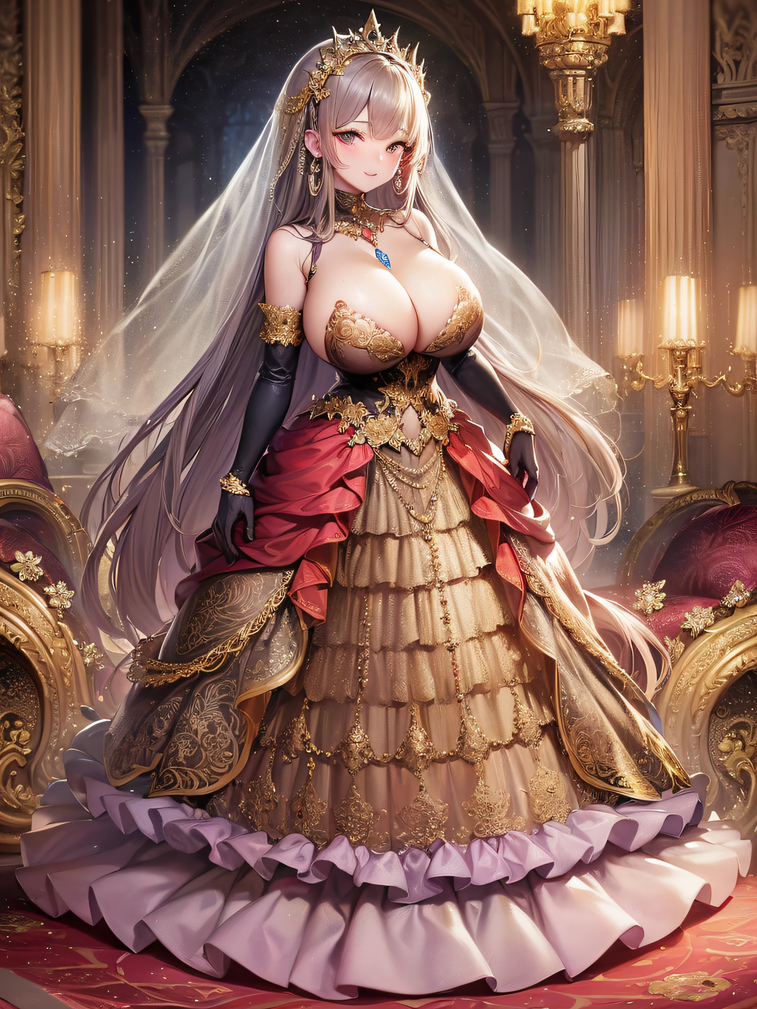 ((anime artstyle)),(Masterpiece),(Best Quality), (Super Detail),(Highly Detailed CG Unity 8k wallpaper),((Very Delicate and Beautiful)),cinematic lighting,1 girl,((full body portrait)),((standing in garden)),((solo)),(((1 fairytale princess in gorgeous embroidery and jeweled extremely gorgeous rococo princess ballgown with voluminous full length hoop skirt))),an hourglass waist,padded and corseted bodice,(((huge crinoline hoopskirt))),long train,((gorgeous embroidery and jeweled)),voluminous frills,See-through,(((extremely gigantic tits,skindentation))),cleavage,((absurdly Long Straight Hair,extremely voluminous Straight long Hair,absurdly Long Straight Hair)),(finely detailed face and eyes),(Blush,Smile),clear pupil,extremely gorgeousfull hair ornament,(bling-bling jeweled extremely gorgeousfull tiara),((bling-bling gorgeous gemstone jewelry)),gorgeous long veil,((ultra long gloves)),(beautiful background),(full body),((gorgeous embroidery and jeweled extremely gorgeous rococo princess ballgown with voluminous full length hoop skirt))