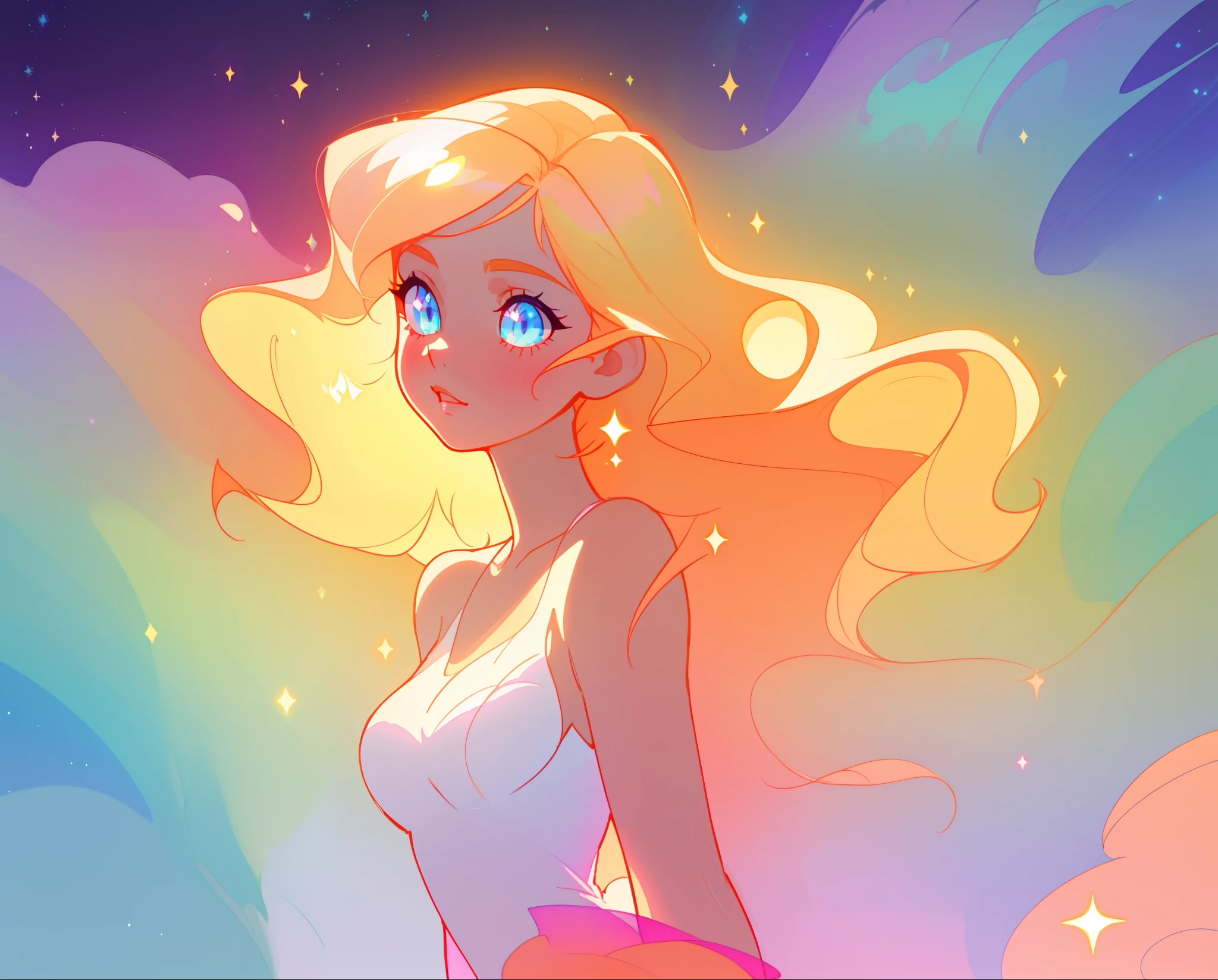 beautiful girl in white layered ballgown, vibrant pastel colors, (colorful), magical lights, golden long wavy hair, sparkling lines of light, inspired by Glen Keane, inspired by Lois van Baarle, disney art style, by Lois van Baarle, glowing aura around her, by Glen Keane, jen bartel, glowing lights! digital painting, flowing glowing hair, glowing flowing hair, beautiful digital illustration, fantasia background, whimsical, magical, fantasy, beautiful face, ((masterpiece, best quality)), intricate details, highly detailed, sharp focus, 8k resolution, sparkling detailed eyes, liquid watercolor