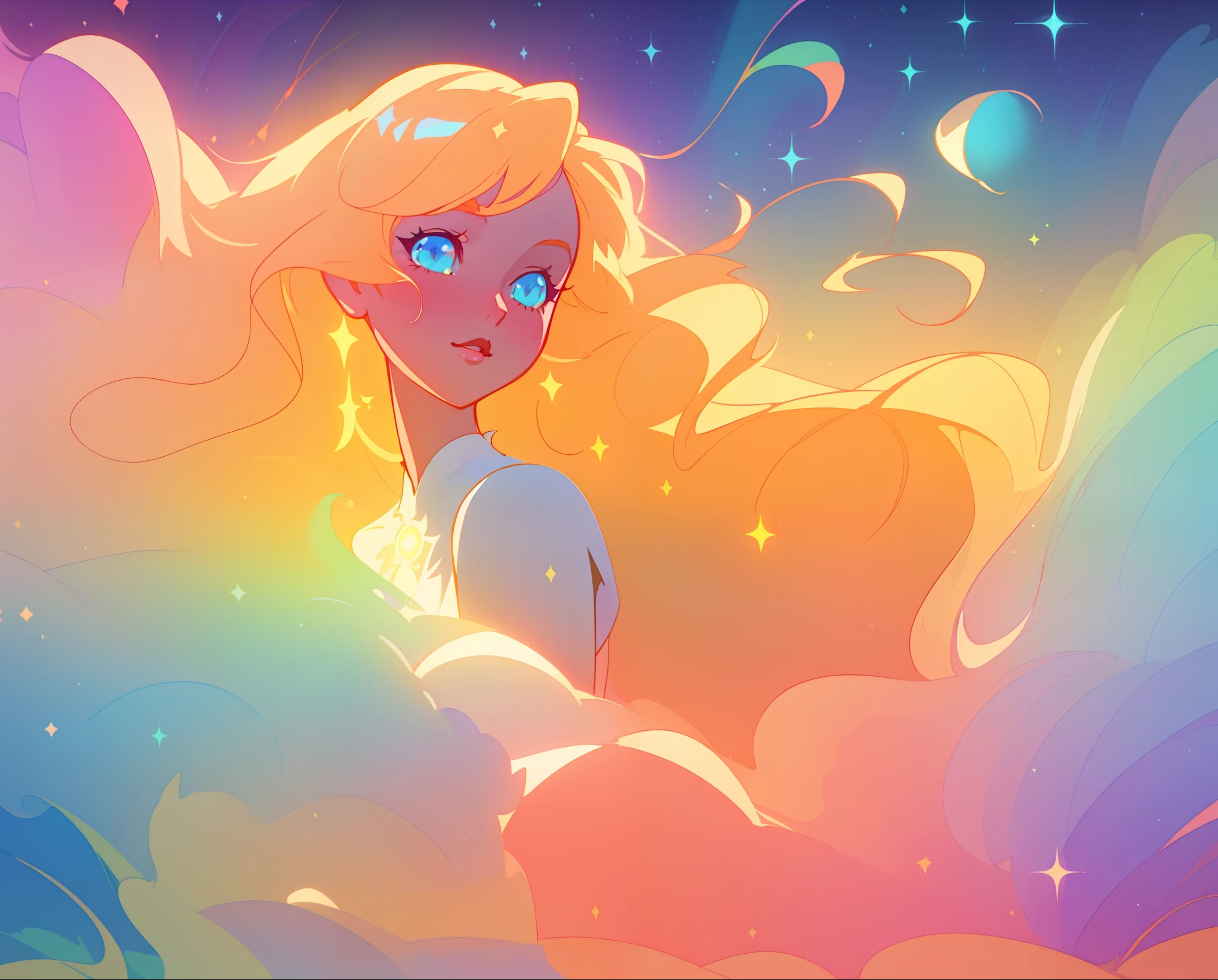 beautiful girl in white layered ballgown, vibrant pastel colors, (colorful), magical lights, golden long wavy hair, sparkling lines of light, inspired by Glen Keane, inspired by Lois van Baarle, disney art style, by Lois van Baarle, glowing aura around her, by Glen Keane, jen bartel, glowing lights! digital painting, flowing glowing hair, glowing flowing hair, beautiful digital illustration, fantasia background, whimsical, magical, fantasy, beautiful face, ((masterpiece, best quality)), intricate details, highly detailed, sharp focus, 8k resolution, sparkling detailed eyes, liquid watercolor