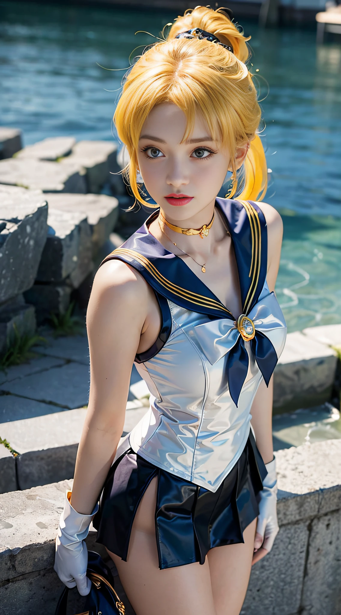 ((​masterpiece:1.4)、(top-quality:1.4)、(reallistic:1.7))、masuter piece:1.4、a beauty girl、(Sailor Moon:1.4)、Tsukino Usagi、Body Fit Sexy Sailor Senshi Uniform、(latex shiny)、(The jacket is a white sleeveless sailor suit)、(Skirt is blue sexy ultra ultra mini skirt)、The collar of the sailor suit is blue with two thin lines.、high leg swimsuit、Red cloth ornament on chest、(Wearing white gloves)、Kawaii Girl、Super beauty、foco nítido、Portrait photos、Upper body photography:1.4、beautiful countenance、beautidful eyes、Narrow waist、(Yellow hair:1.4)、(length hair:1.2)、Raw photo、red-lips、Red boots:1.4、a choker:1.4、a necklace:1.4、耳Nipple Ring:1.4、Luxurious golden tiara on forehead:1.4、1 screen display、Outdoor landscape