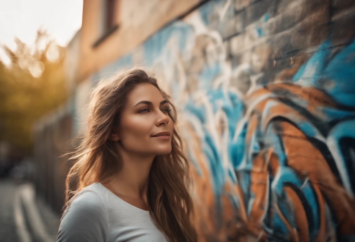 A graffiti painting on the urban wall of the face from a young woman with long hair blowing in the wind with maple leaves running down her hair, graffiti urban painting style, urban landscape atmosphere, sunlight, (high quality:1.2), soft color, volumetric light, (masterpiece), (intricate details), (hyperdetailed), highly detailed, lot of details, high quality, soft cinematic light, dramatic atmosphere, detailed texture