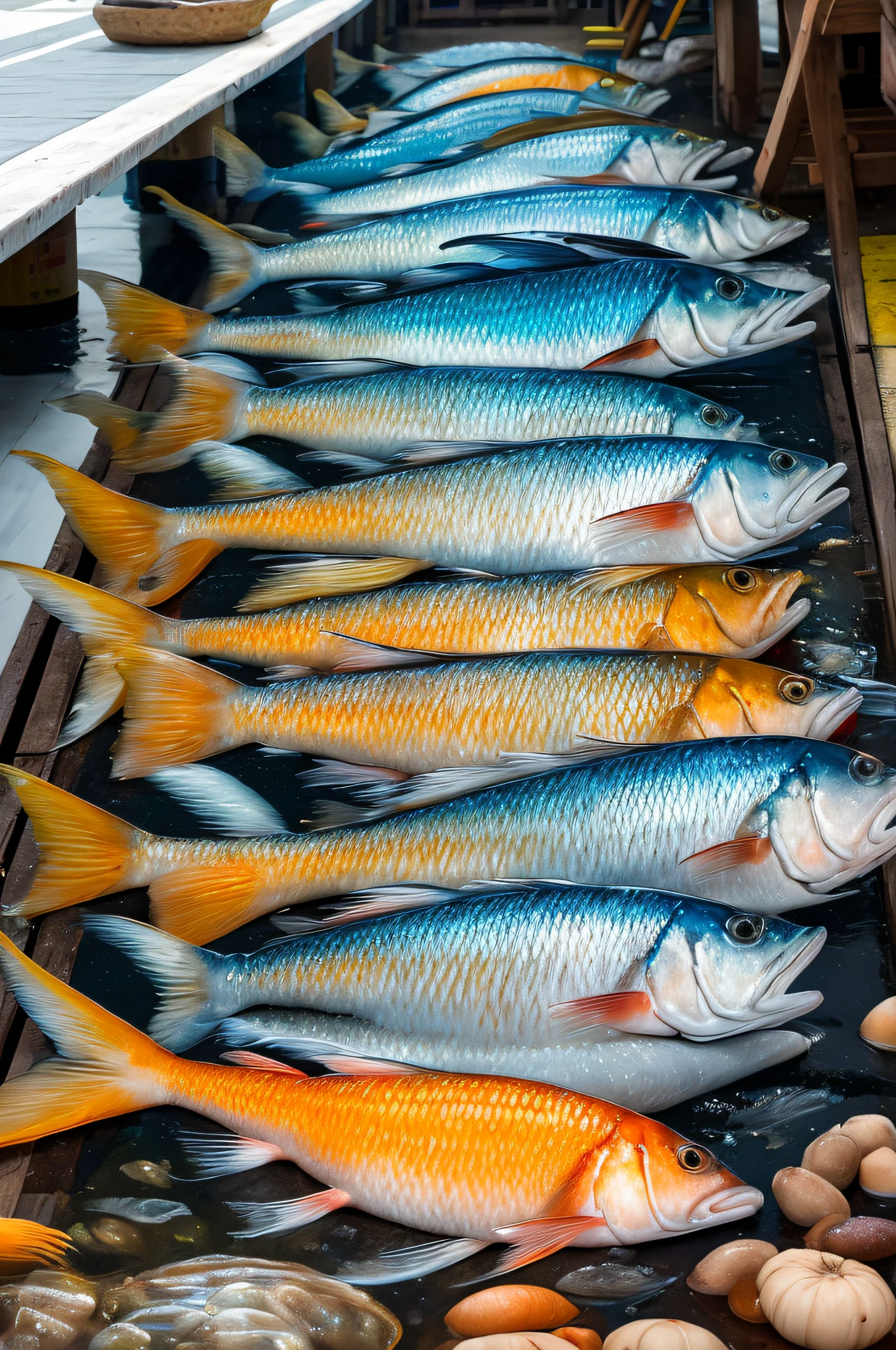 (um homem dono de um mercado de peixe),cores vibrantes,bem iluminado,peixes exibidos no gelo,Freshly caught fish,frutos do mar frescos,Attention to Detail,Authentic atmosphere,picturesque backdrop,water reflections,Desfoque de movimento em peixes,Orgulho do pescador,meticulosamente organizado,crisp and clear,escamas de peixe cintilando,Inviting fragrance,Mercado de peixe local,Captura do dia,pesca artesanal,Traditional Fish Market Experience,Daily Specials,Diverse selection of fish,variedade de texturas e cores,"best quality,Realistic"