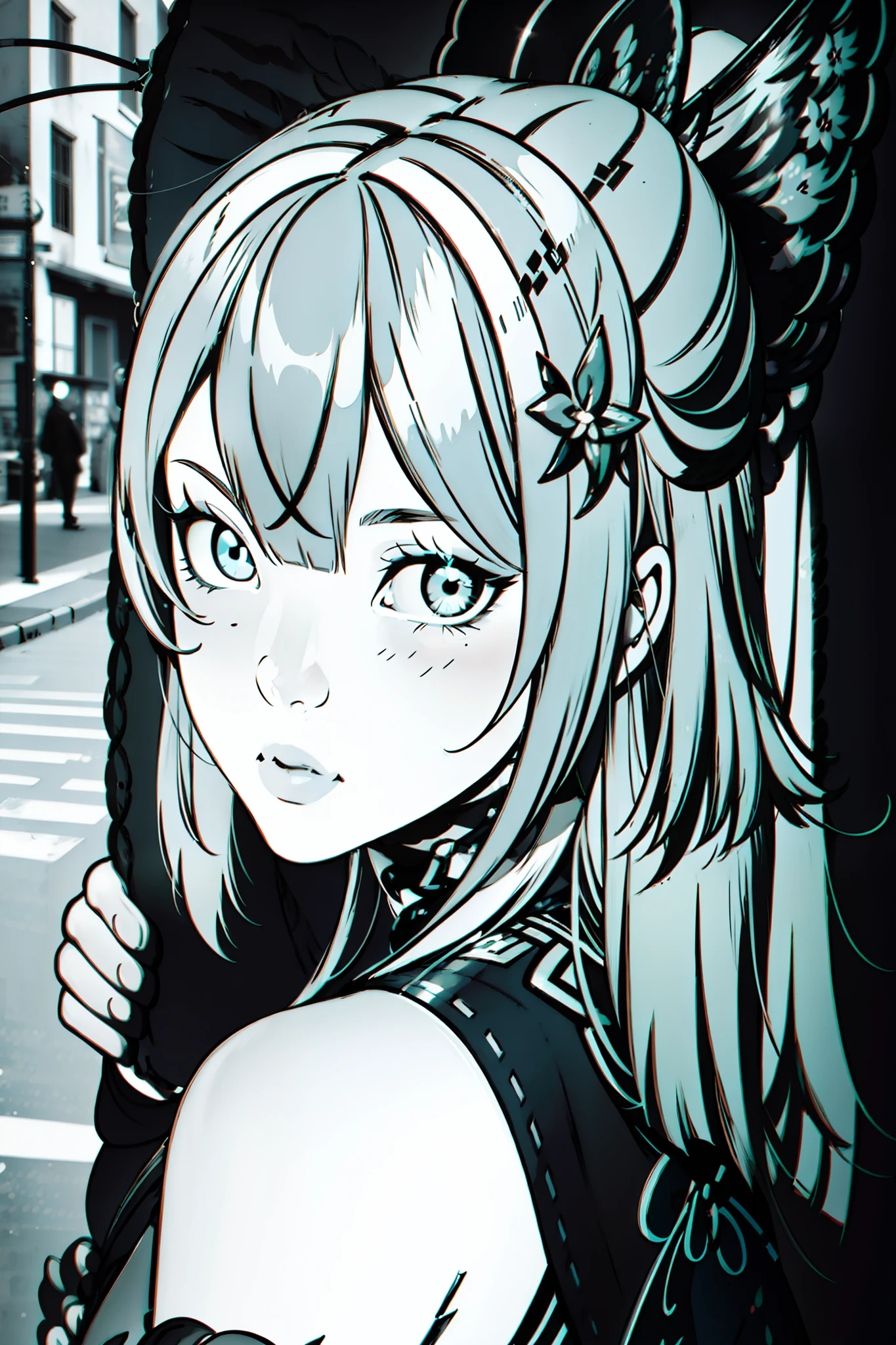 tmasterpiece, beste-Qualit, Girl in the City, Close-up line graphics, Monochrome