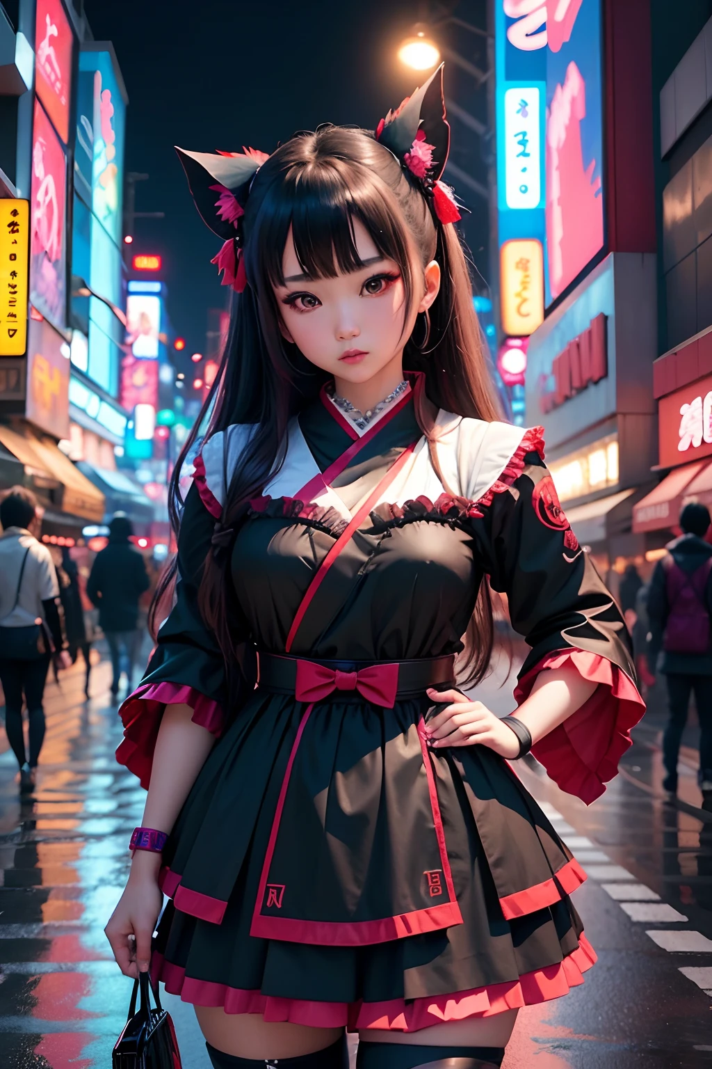 akihabara female beauty korean delicate babymetal cosplay, front view, black eyes, beauty faces, with neon multicolour costumes at night, photorealistic, cinematic, dramatic, kawaii