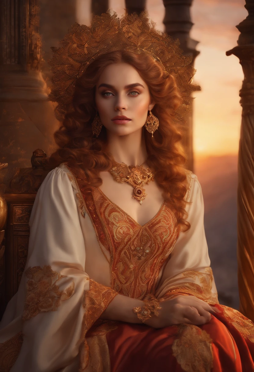 (absurdres, highres, ultra detailed), 1girl, zodiac sign - Aries goddess , solo, mature, Baroque, long dress, long sleeve, elegant, colorful, highest detailed, upper body , sunset hair . Fire eyes . Brave, willful, productive, enterprising humanitarian face .
