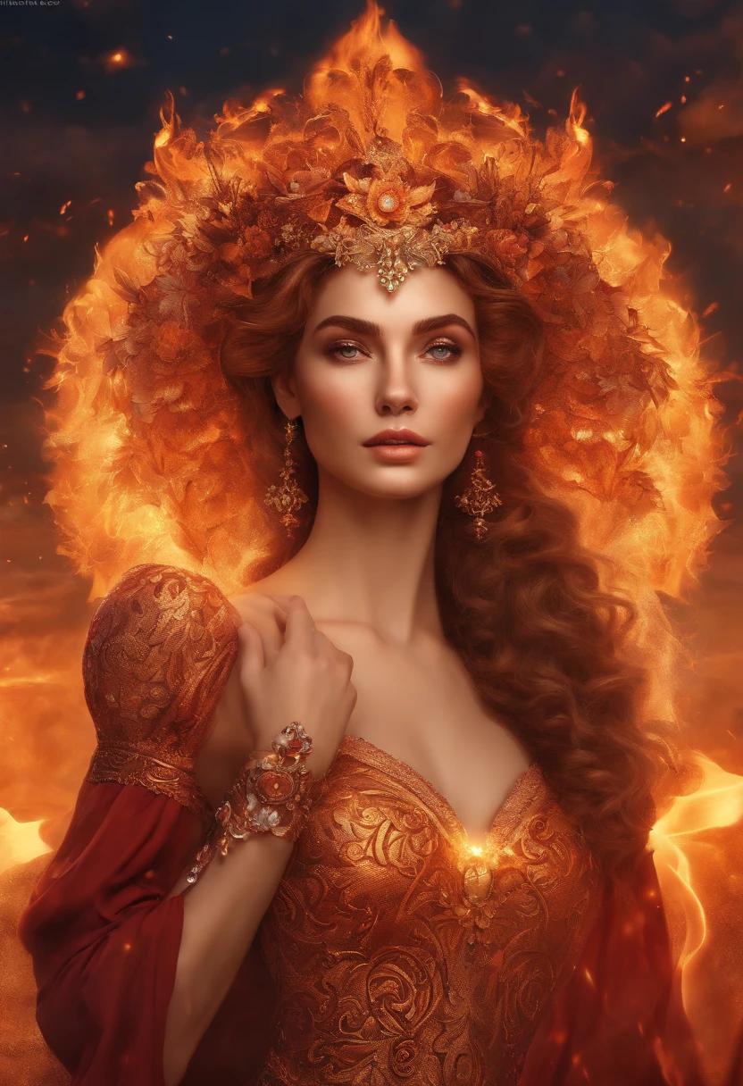 (absurdres, highres, ultra detailed), 1girl, zodiac sign - Aries goddess , solo, mature, Baroque, long dress, long sleeve, elegant, colorful, highest detailed, upper body , sunset hair . Fire eyes . Brave, willful, productive, enterprising humanitarian face .