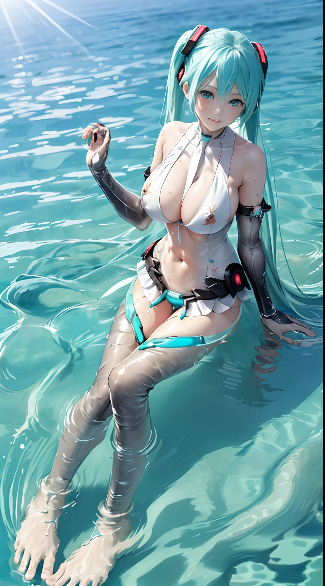 mikuappend, bridal gauntlets,In the sea, playing with sea water, wet body, full body veiw, playing with veiwers, blue string bikini, big boobs, sea water level under the knee, shiny Sun, Bright sky, pouting