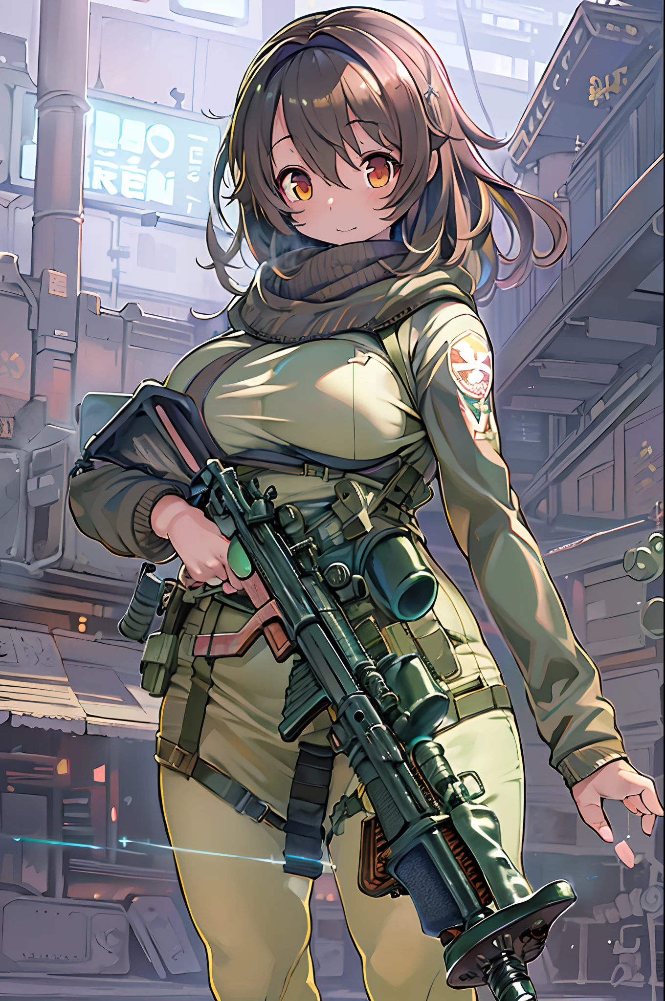 Mediterranean Girl, (clear eyes), (detailed iris), wearing full military gear, (soldier), (gun holster), (dark hair), (twintails), (vibrant eyes), (red eyes), (toned skin), (dark skin), (delicate features), (modest chest), (large hips), (military pants), (thick thighs), (thin waist), (headband), tactical goggles on forehead. Tatsuya Endo, Greg Rutkowski, Pixiv, Artstation