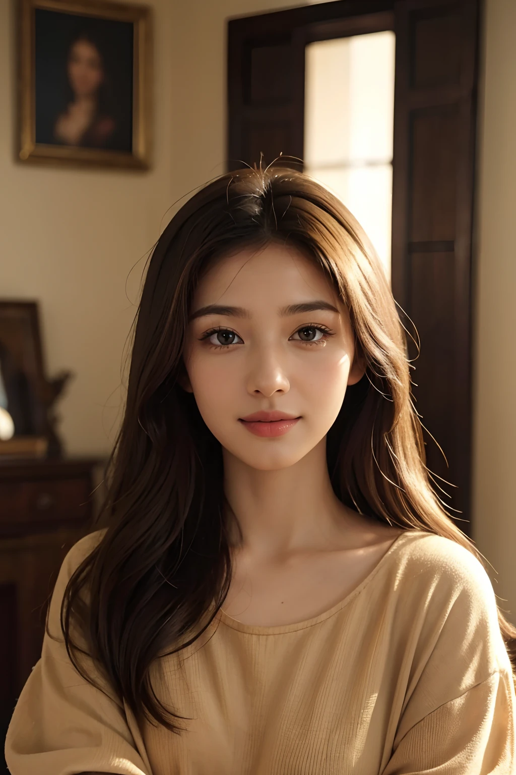 (best quality,4k,highres,masterpiece:1.2),ultra-detailed,realistic,portrait,medium,beautiful detailed eyes,beautiful detailed lips,extremely detailed eyes and face,long eyelashes,moroccan girl,feminine features,golden brown long hair,lightskin,black shirt,natural light,soft lighting,indoor selfie,warm color tone,warm golden glow,relaxed expression,subtle smile,peaceful atmosphere,blurred background,bokeh,dreamy ambiance