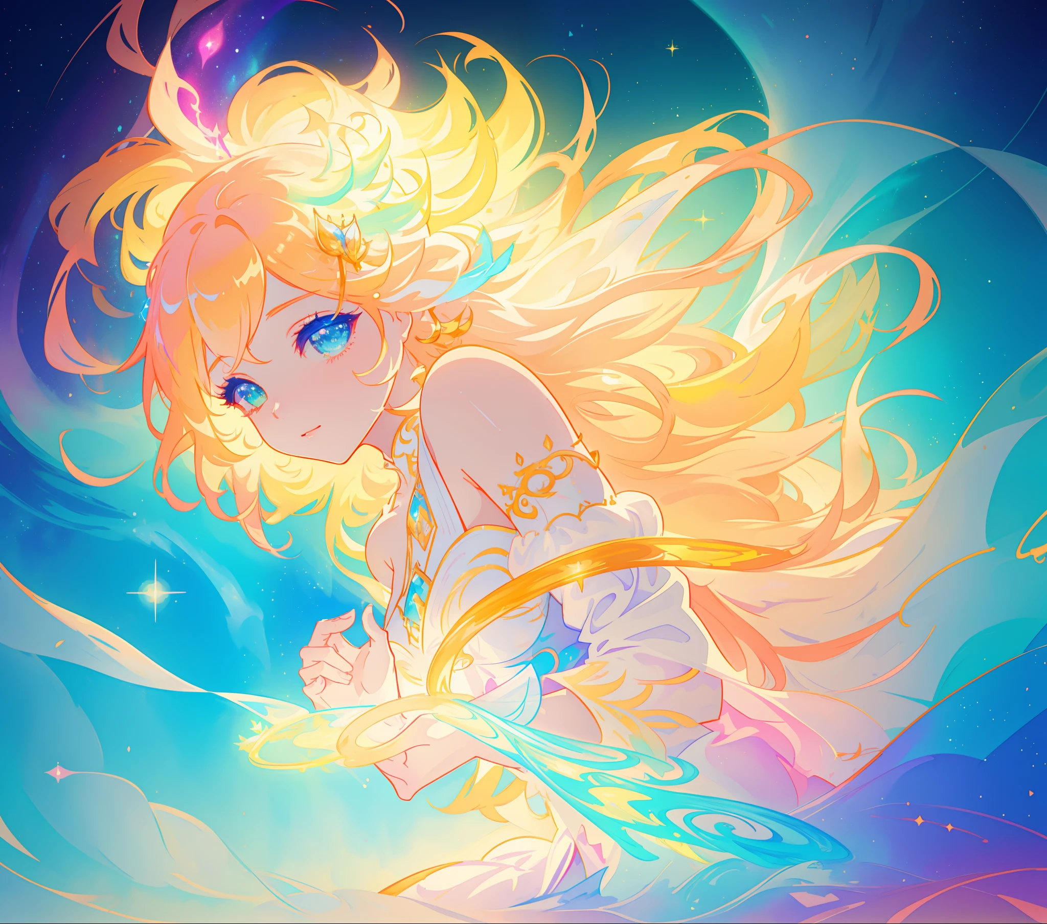 beautiful girl, flowing white gown, vibrant pastel colors, (colorful), magical lights, long flowing golden hair, inspired by Glen Keane, inspired by Lois van Baarle, disney art style, by Lois van Baarle, glowing aura around her, by Glen Keane, jen bartel, glowing lights! digital painting, flowing glowing hair, glowing flowing hair, beautiful digital illustration, fantasia background, whimsical, magical, fantasy, beautiful face, ((masterpiece, best quality)), intricate details, highly detailed, sharp focus, 8k resolution, sparkling detailed eyes, liquid watercolor