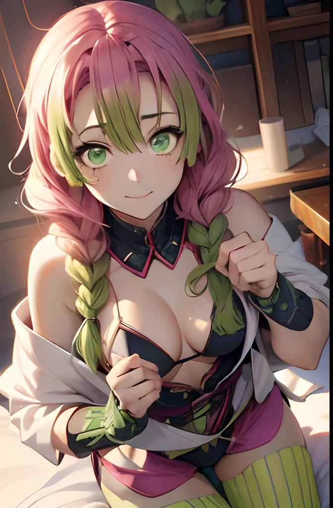 masutepiece, Mitsurikan Log, mitsuri kanroji, braid, Gradient Hair, (Green eyes:1.5), Green hair, Long hair, Mole, Mole under the eyes, multicolored hair, Pink hair, Twin braids, Two-tone hair, cleavage, BREAK looking at viewer, Break indoors, BREAK (masutepiece:1.2), Best Quality, High resolution, Unity 8k壁纸, (Illustration:0.8), (Beautiful detailed eyes:1.6), extra detailed face, Perfect Lighting, extremely details CG, (Perfect hands, Perfect Anatomy),colourful hair, The whole body is reflected, (Off-the-shoulder costumes:1.5), ((chest wide open and exposed)), (Smile), Showing the side, Lying on your back on the bed, ((undergarment)), ((Torn clothes)), ((The bikini))