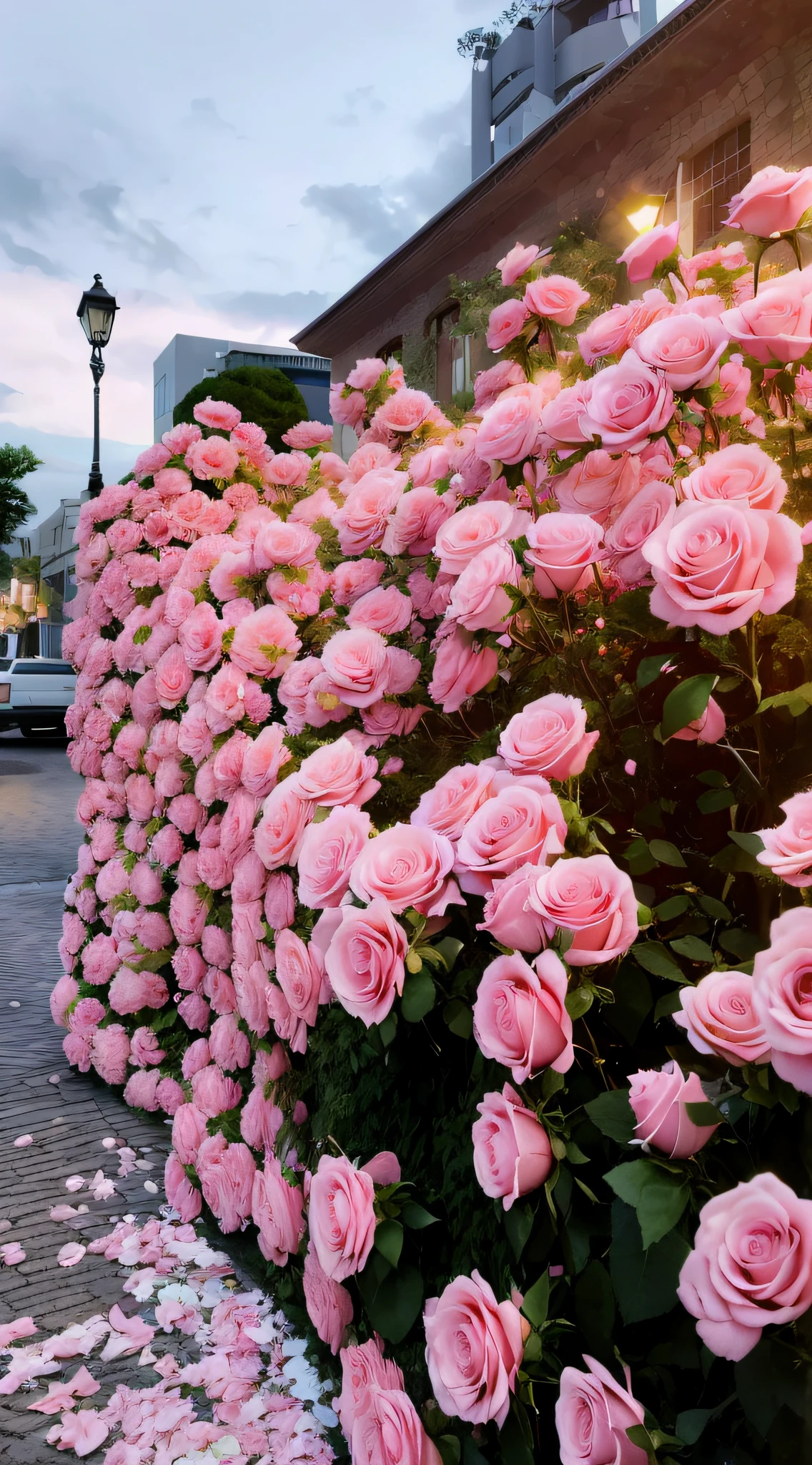 A large clump of pink roses grows on the sidewalk, Beautiful and aesthetic, beautiful aesthetic, Beautiful large flowers, with soft pink colors, Beautiful image, Pink flowers, Beautiful flowers, beautiful flowers growing, rosette, with soft bushes, beutifull, Rose garden, very very beautiful, Incredibly beautiful, soft light 4 k in pink, rose pink lighting