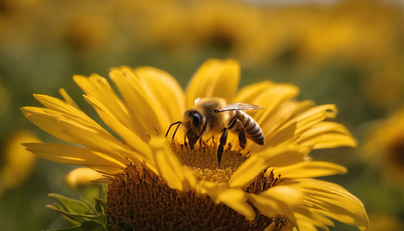A Honey bee on the sun flower, closeup shoot,high high quality, 8K, studio lighting, professional shoot, detail,